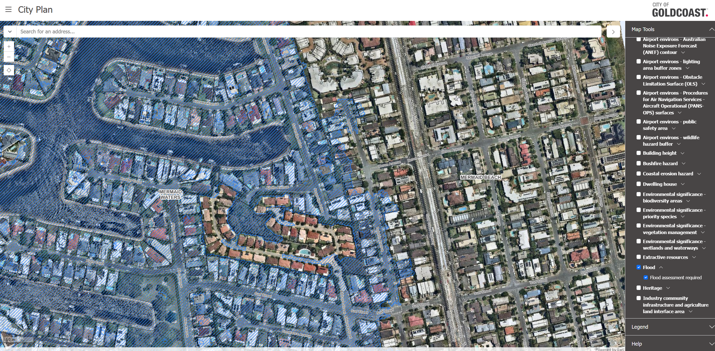 Gold Coast City Plan interactive mapping system showing flood overlay areas affecting development within Gold Coast City Council.