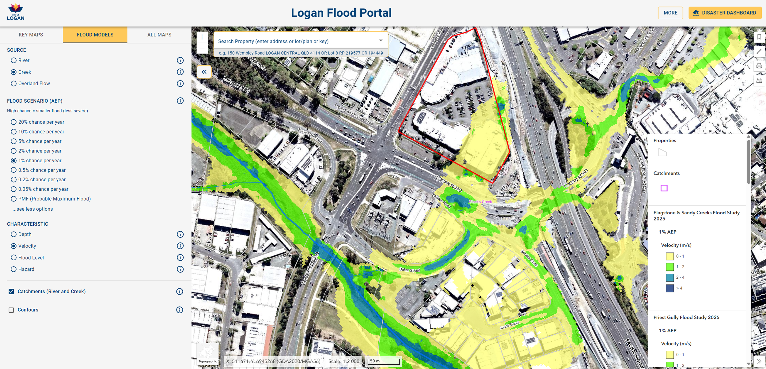 Logan City Council Flood Portal displaying sources of flooding such as river creek and overland flow