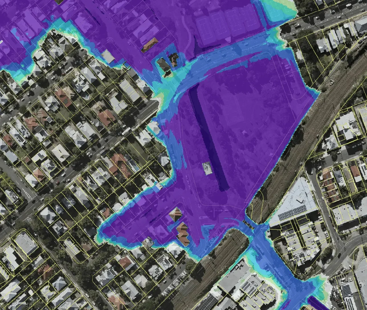 Example TUFLOW hydraulic modelling output showing simulated flood depths across a development site. These models help assess flood behaviour, support council approvals and identify potential flood impacts on proposed developments.