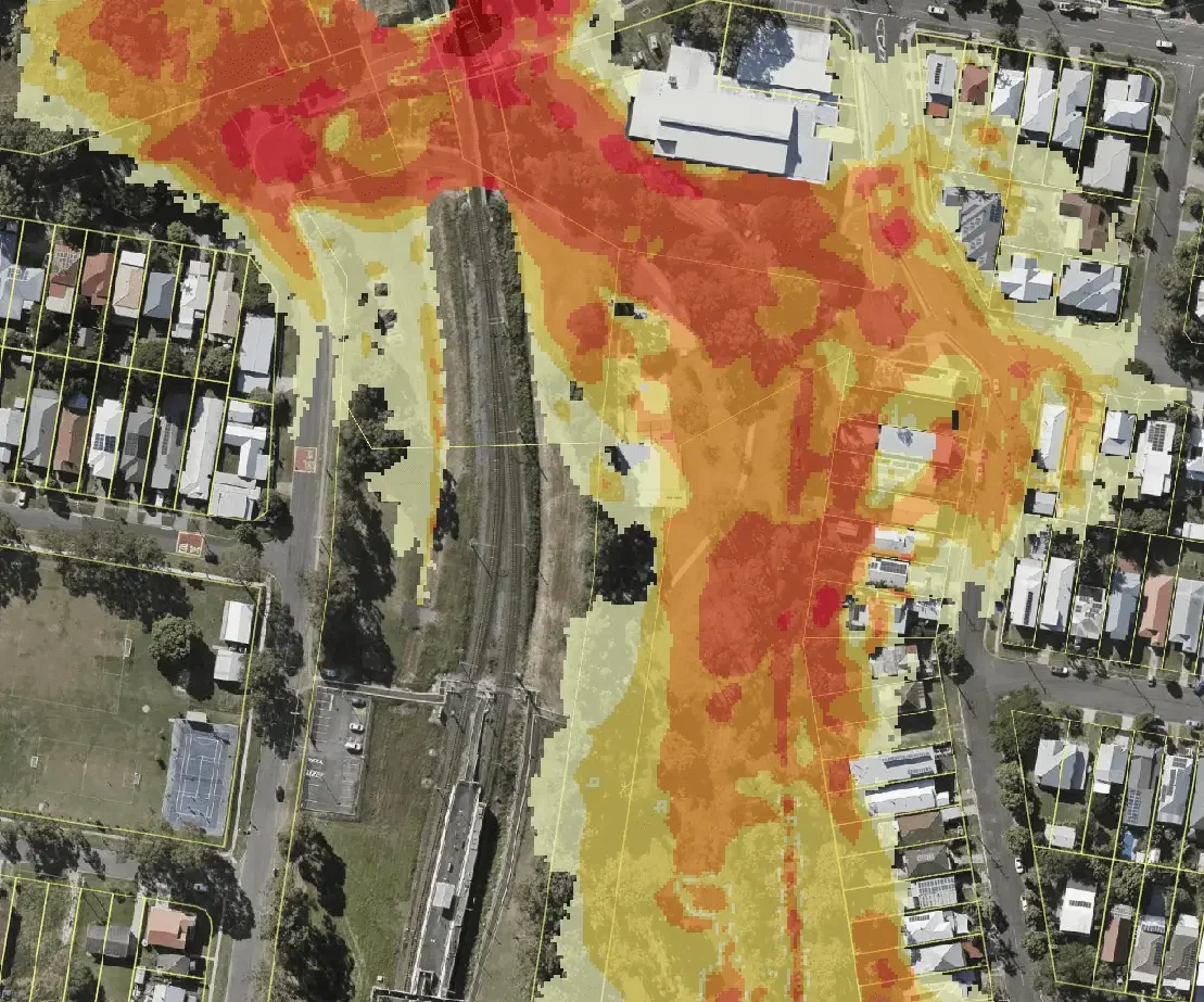 Example TUFLOW hydraulic modelling output showing simulated flood depths across a development site. These models help assess flood behaviour, support council approvals and identify potential flood impacts on proposed developments.