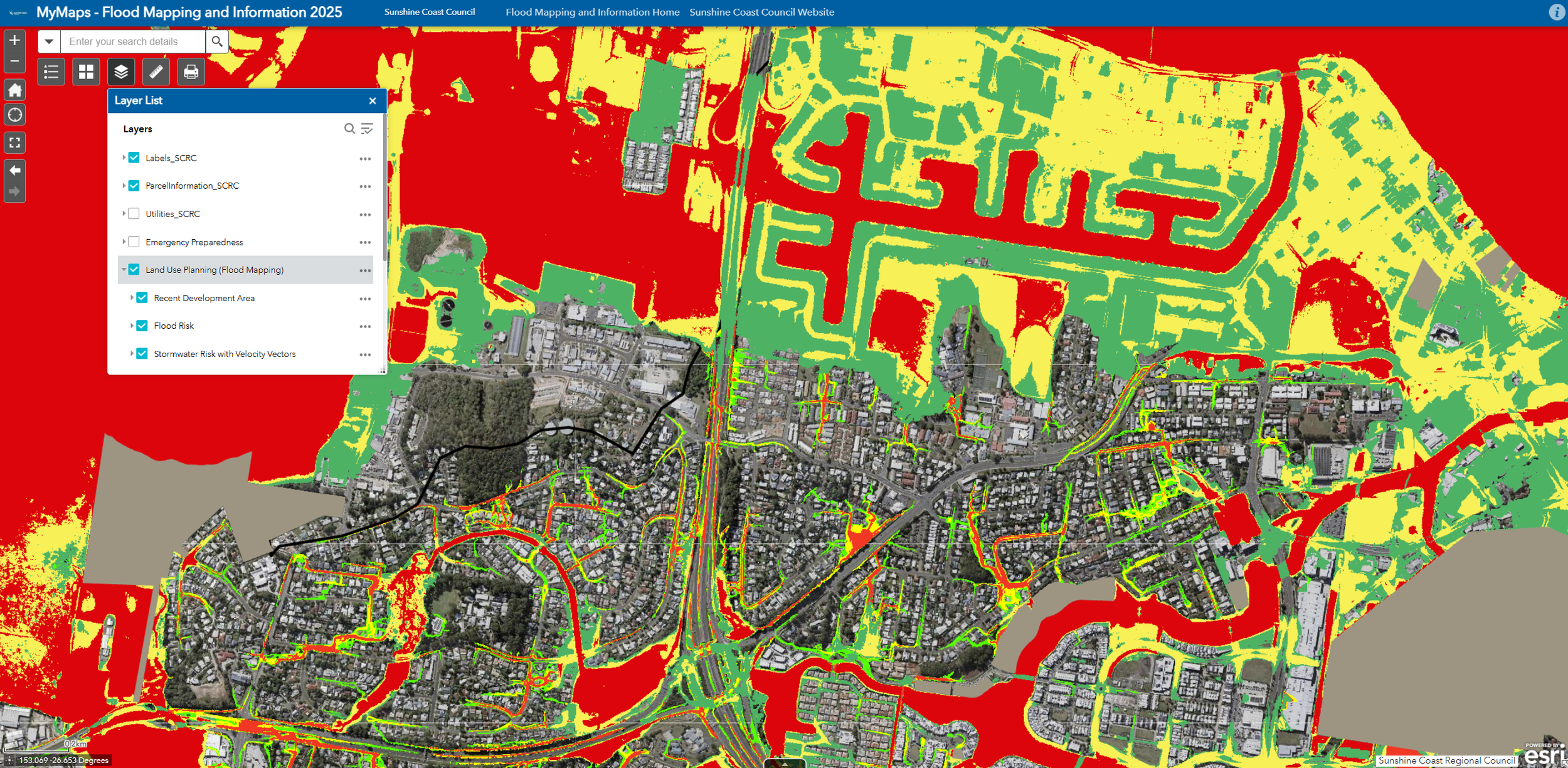 Sunshine Coast Council MyMaps flood mapping and information portal showing flood risk areas, stormwater flood mapping and flood affected land within Sunshine Coast Council.