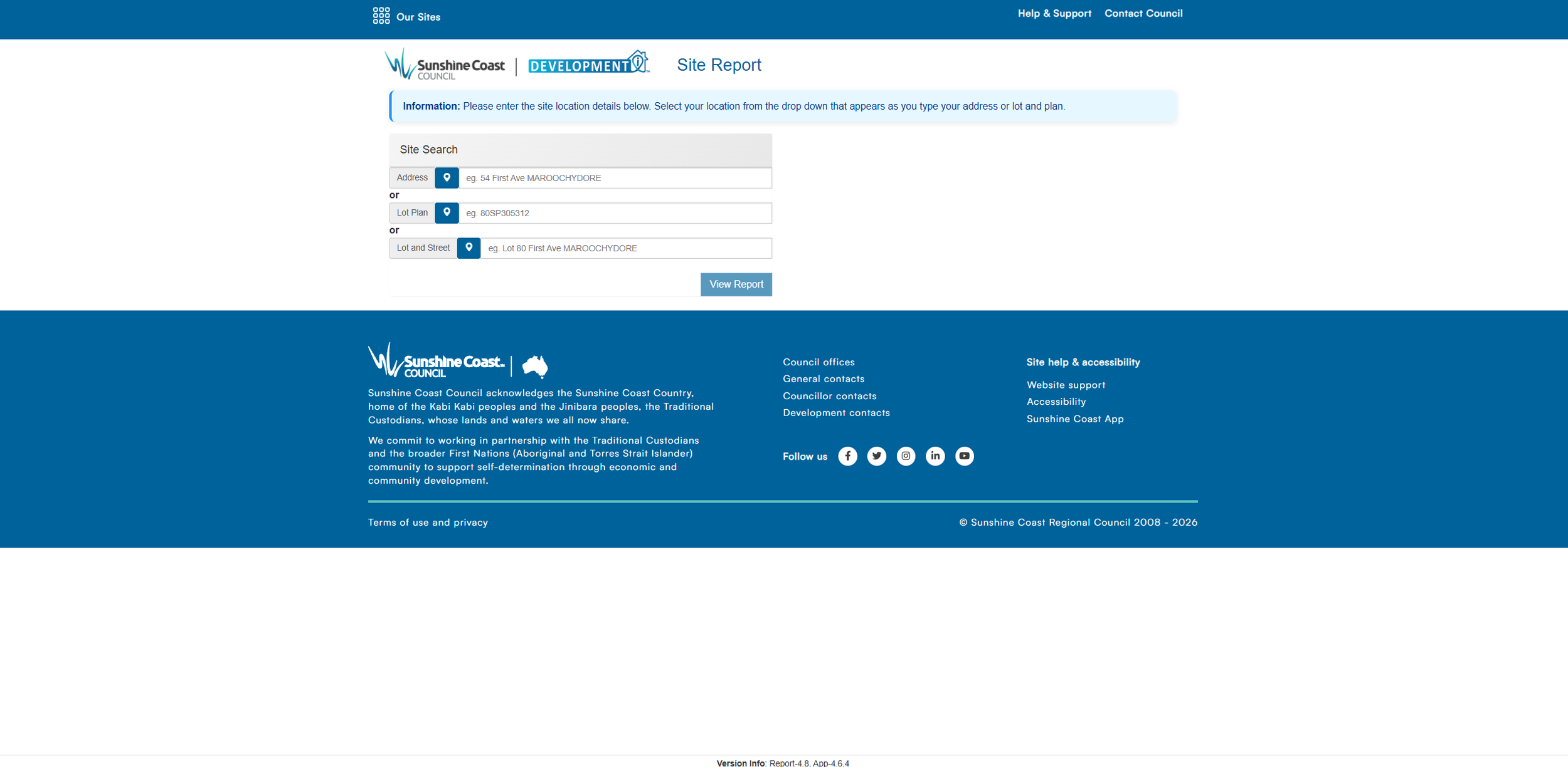 Sunshine Coast Site Report search page showing property-specific planning, development and mapping information for Sunshine Coast Council properties.
