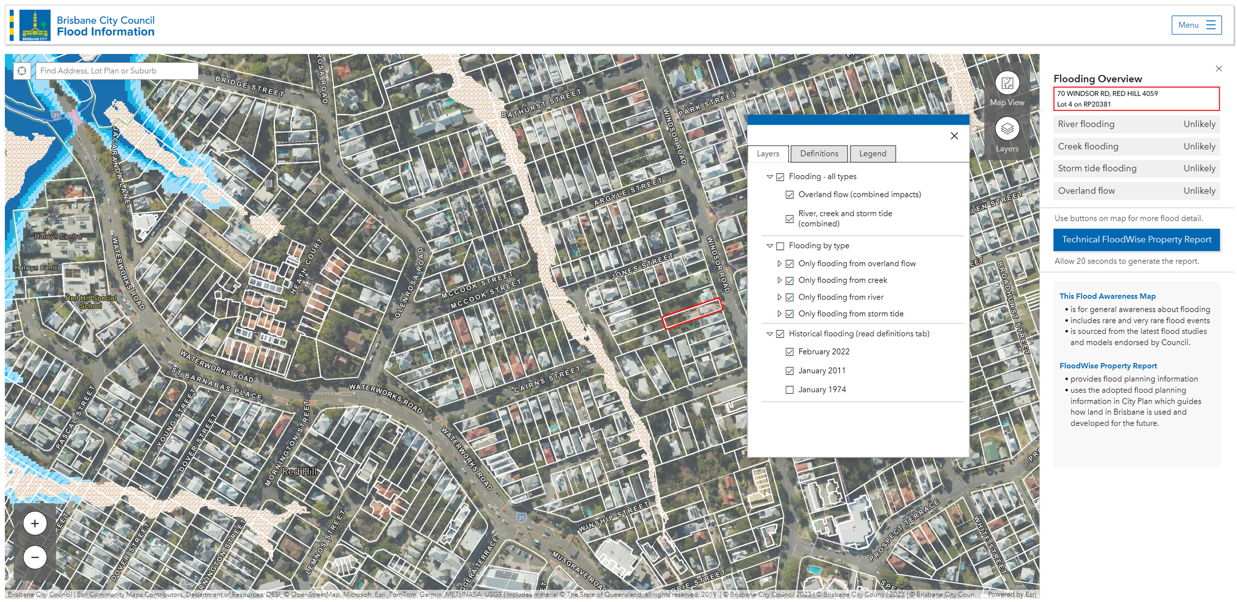 Brisbane City Council Flood Awarness Map and FloodWise Property Report