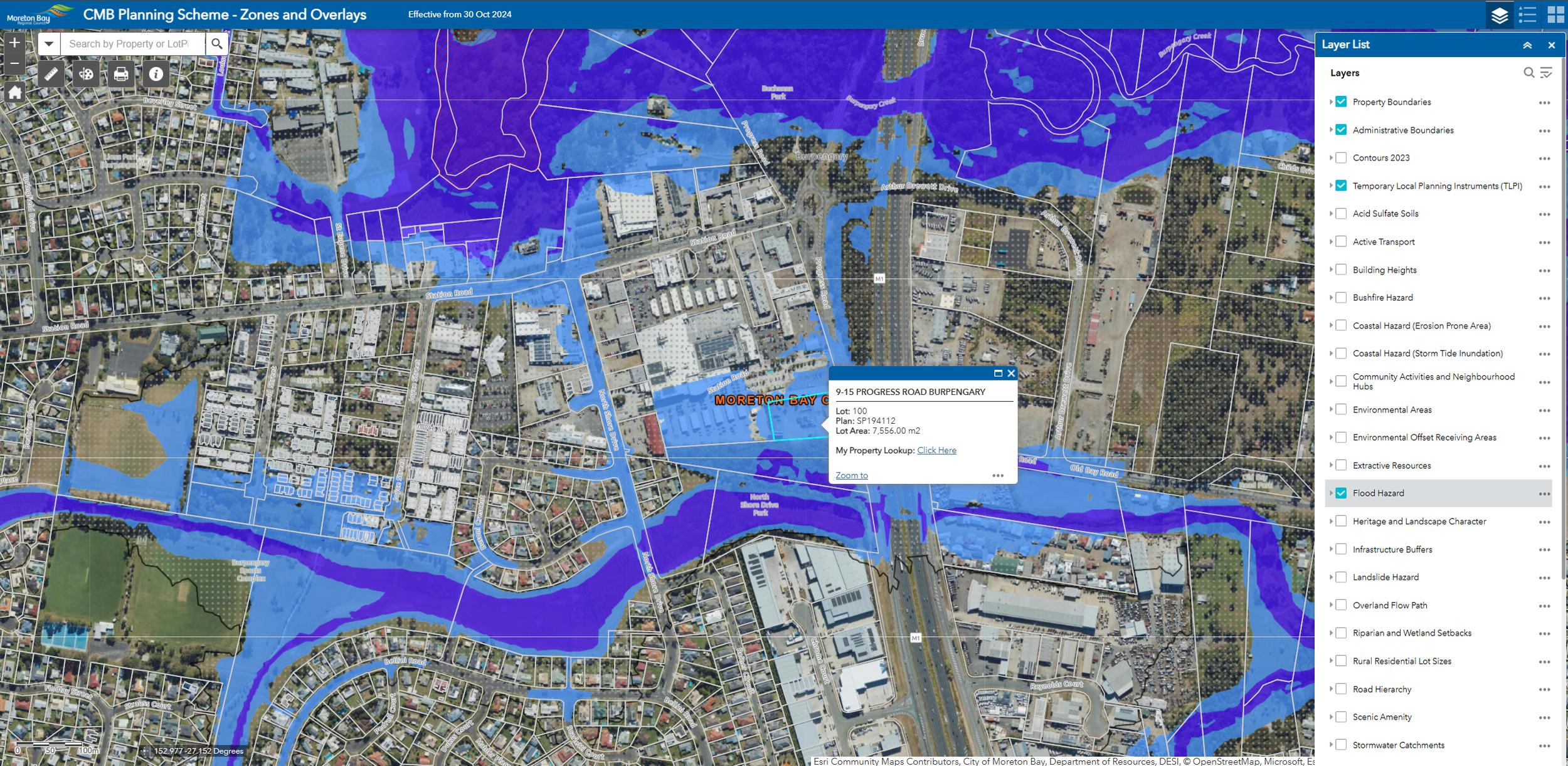 Moreton Bay Planning Scheme interactive mapping system showing flood hazard overlays, flood affected areas and planning scheme information within Moreton Bay City Council.