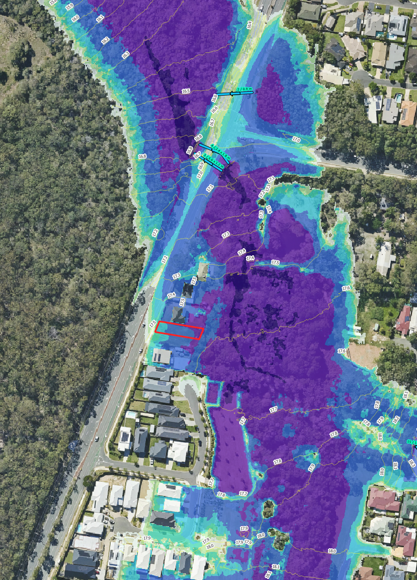 TUFLOW hydraulic modelling showing flood depths, overland flow characteristics and site-specific flood behaviour for development assessment.