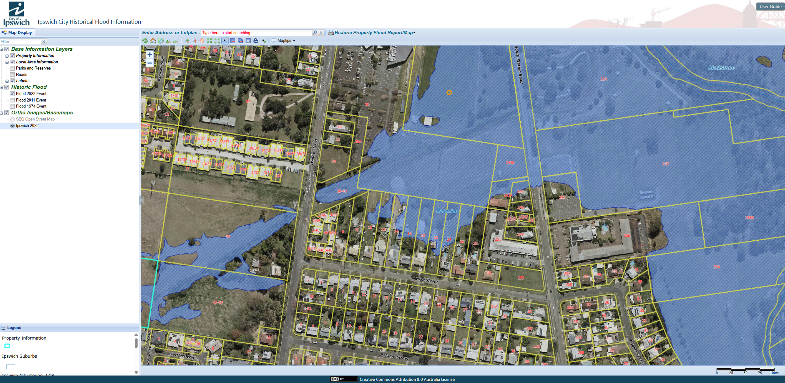 Ipswich historical flood mapping showing recorded flood extents and historic flooding information within Ipswich City Council.