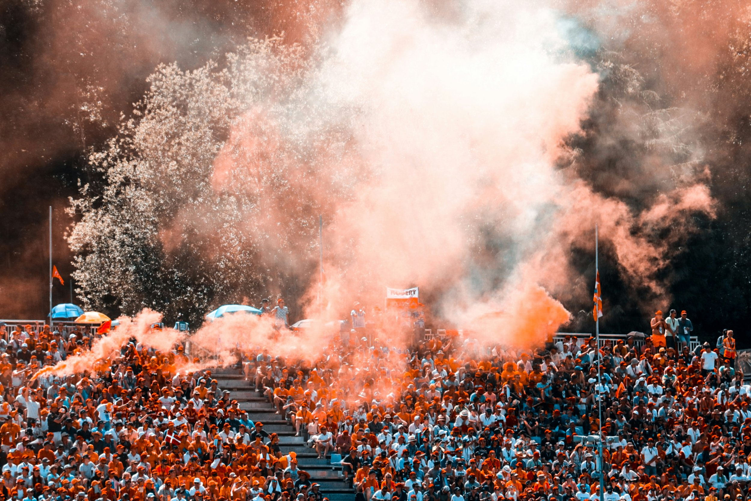 Formula 1 fans celebrating in grandstands during a Grand Prix race weekend