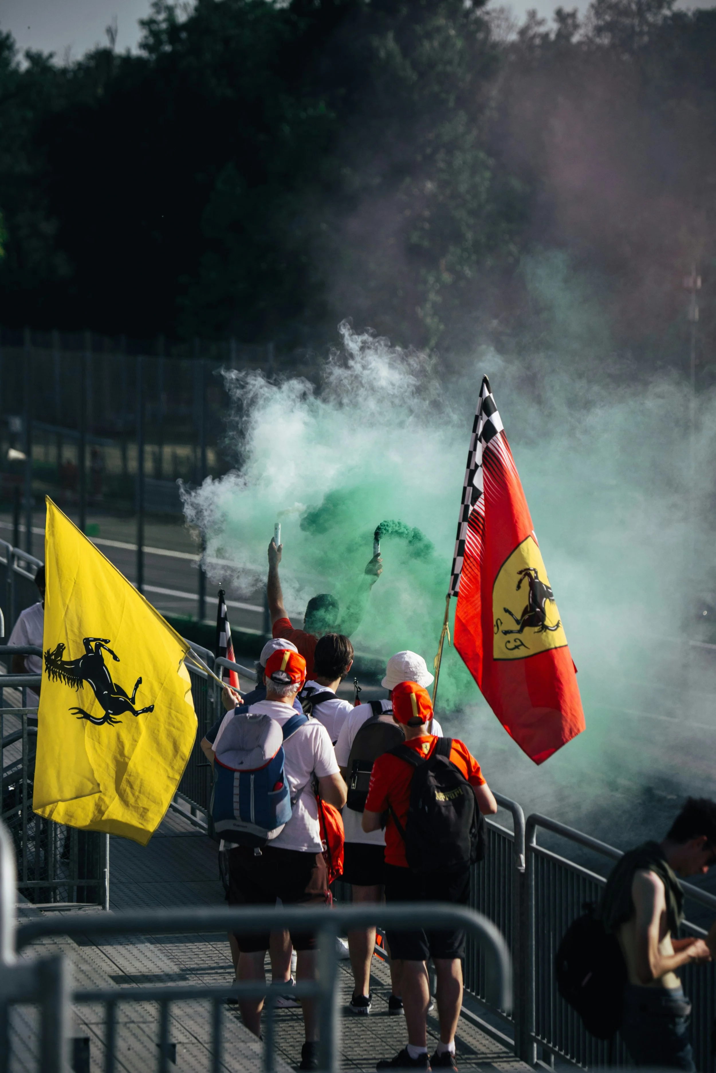 Fans waving team flags during a Formula 1 race weekend.