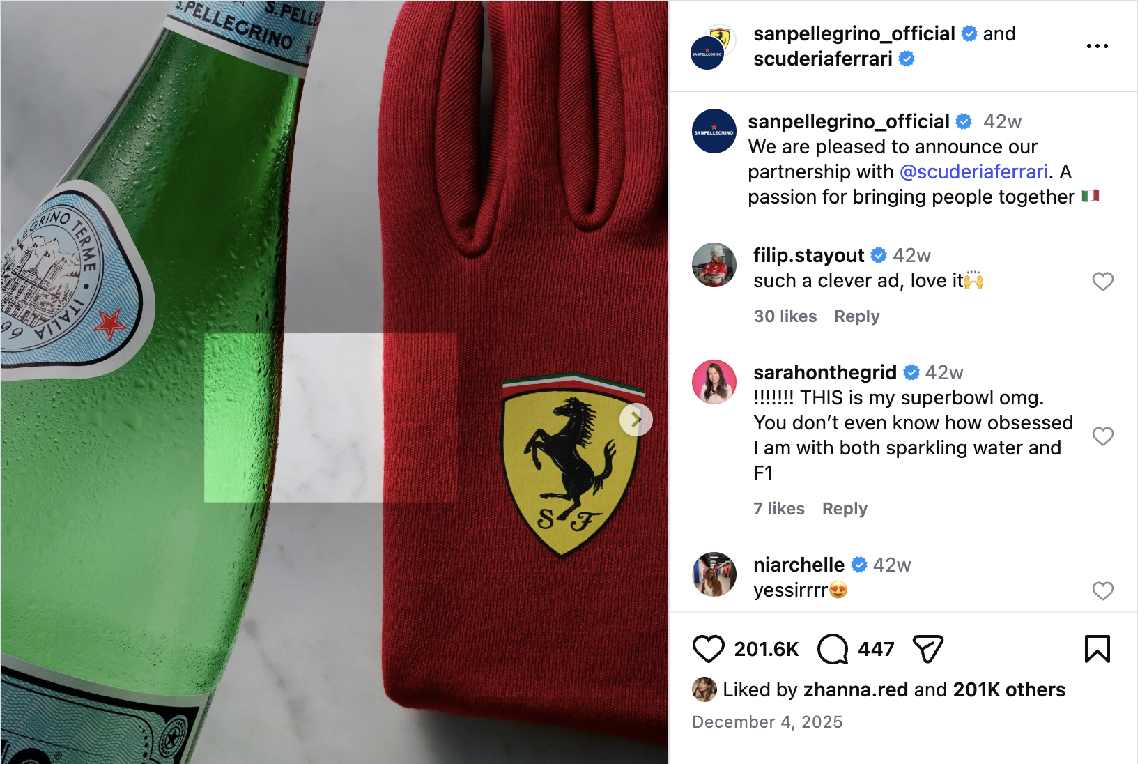 S.Pellegrino bottle and Scuderia Ferrari racing glove forming the colours of the Italian flag