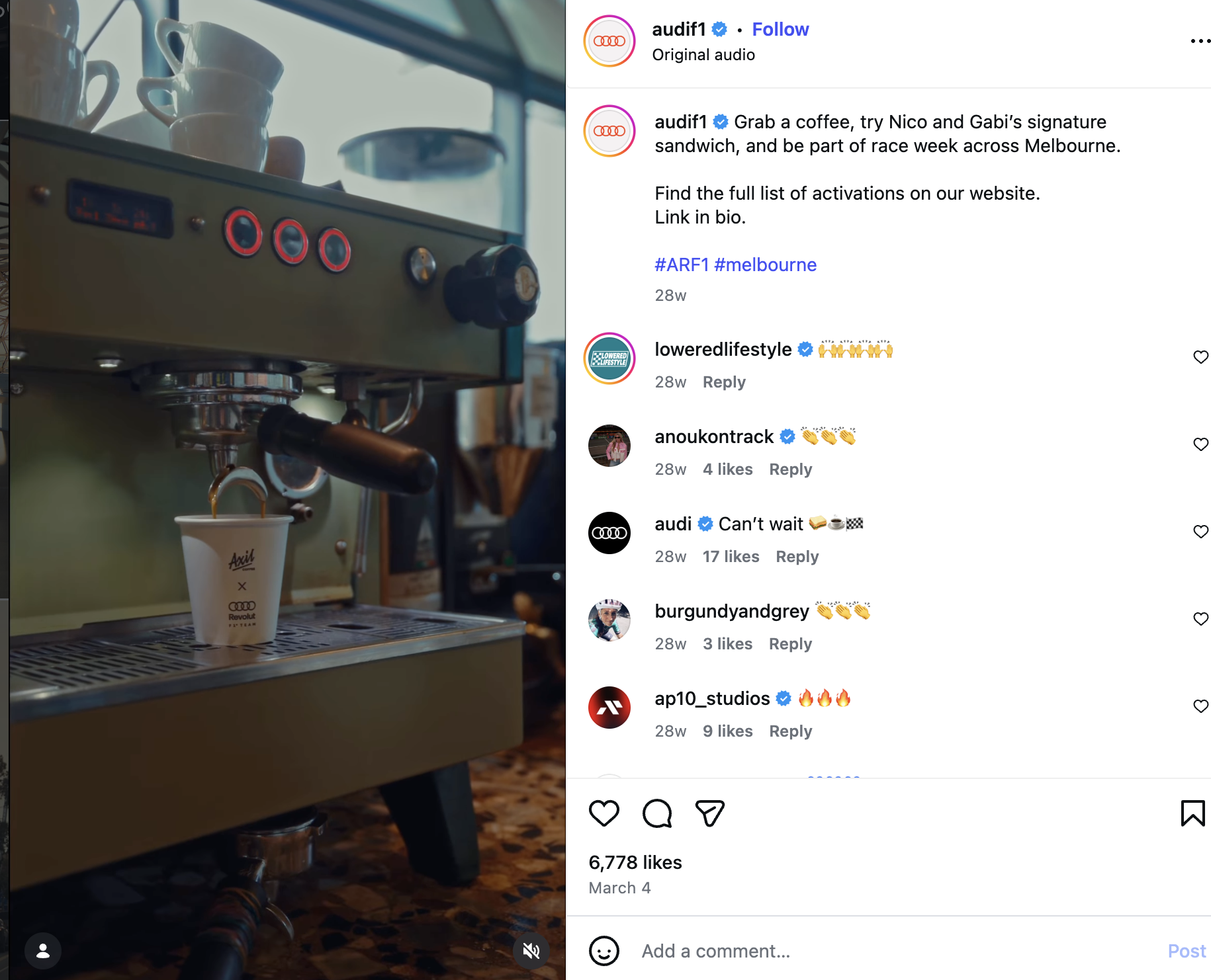 Alt text: Audi F1 Team Melbourne race-week activation with Axil Coffee