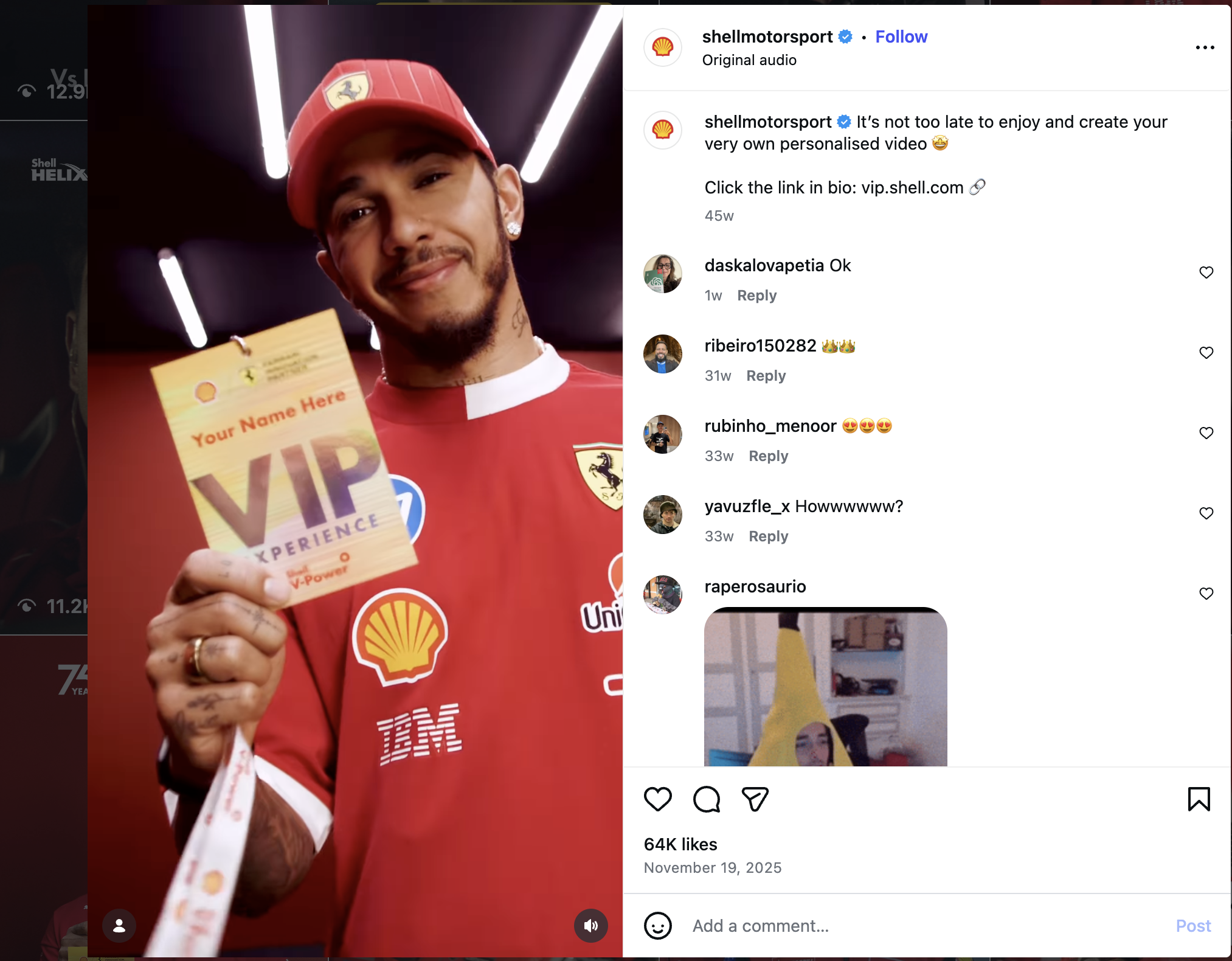 Lewis Hamilton holding a personalised VIP pass in Shell V-Power's Feel Closer campaign with Scuderia Ferrari