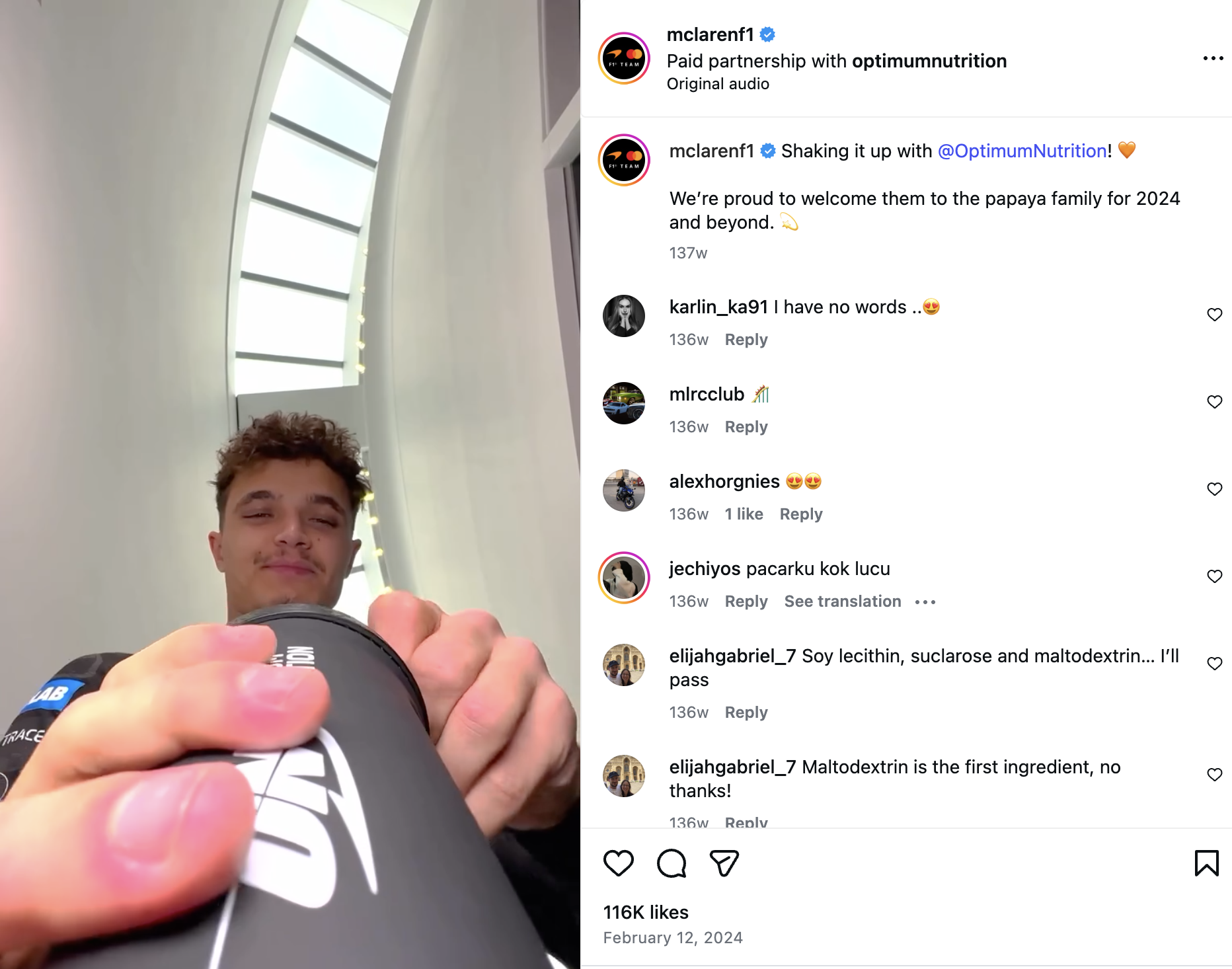 Lando Norris using an Optimum Nutrition shaker in McLaren F1 partnership announcement content