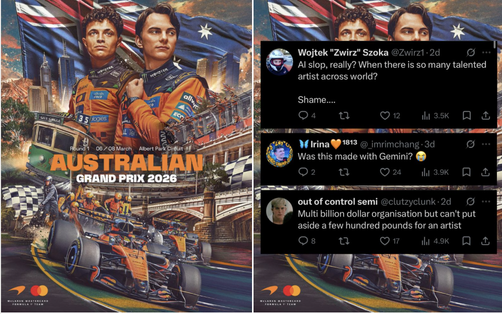 McLaren 2026 Australian Grand Prix poster alongside social media comments incorrectly questioning whether it was AI-generated