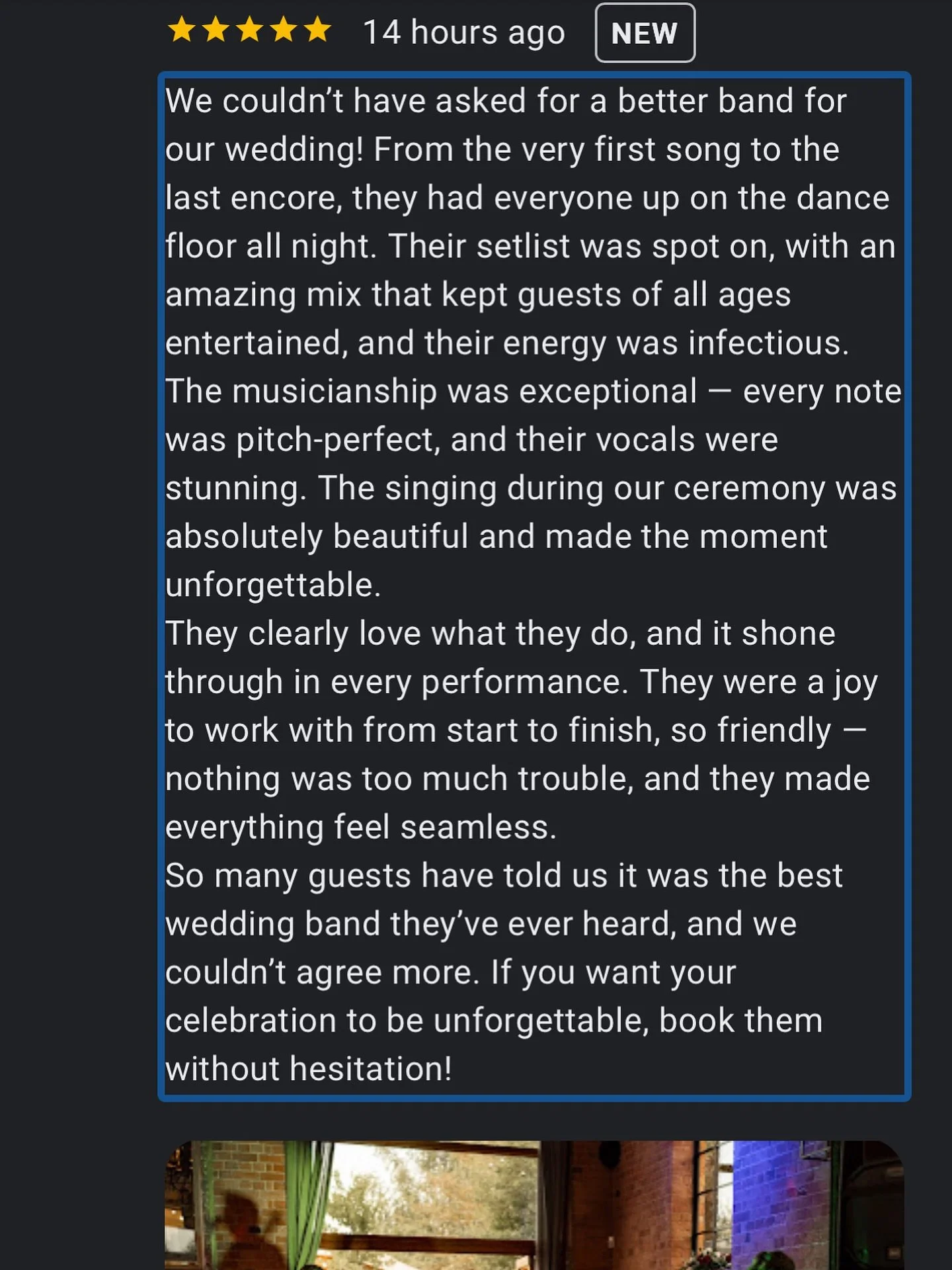 ⭐️⭐️⭐️⭐️⭐️ another 5 star review for @innergroovecollective &hellip; we seriously love what we do and it&rsquo;s so nice to hear that is portrayed through our performance. If you need a band for any occasion - get in touch - we&rsquo;d love to make y