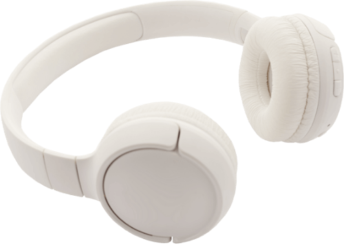 White over-ear wireless headphones with cushioned ear pads and adjustable headband.