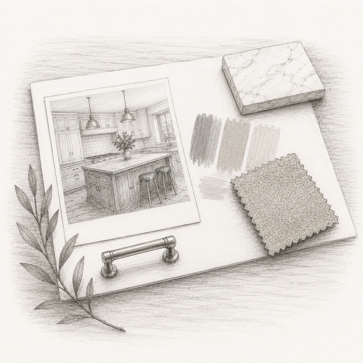 Hand drawn sketch showing design samples and materials representing the Concept & Budget stage, where Fox & Bear presents several design options together with realistic budget guidance.