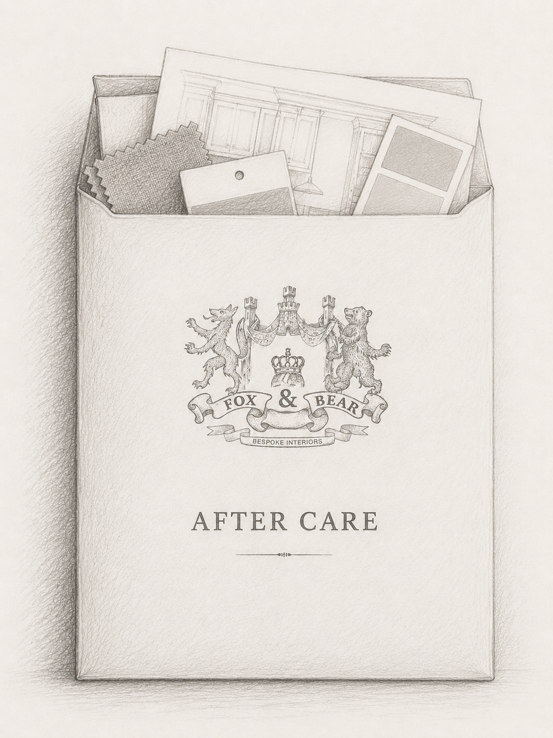 Pencil illustration of an aftercare pack and envelope representing the handover and aftercare stage, ensuring support continues long after installation is complete.