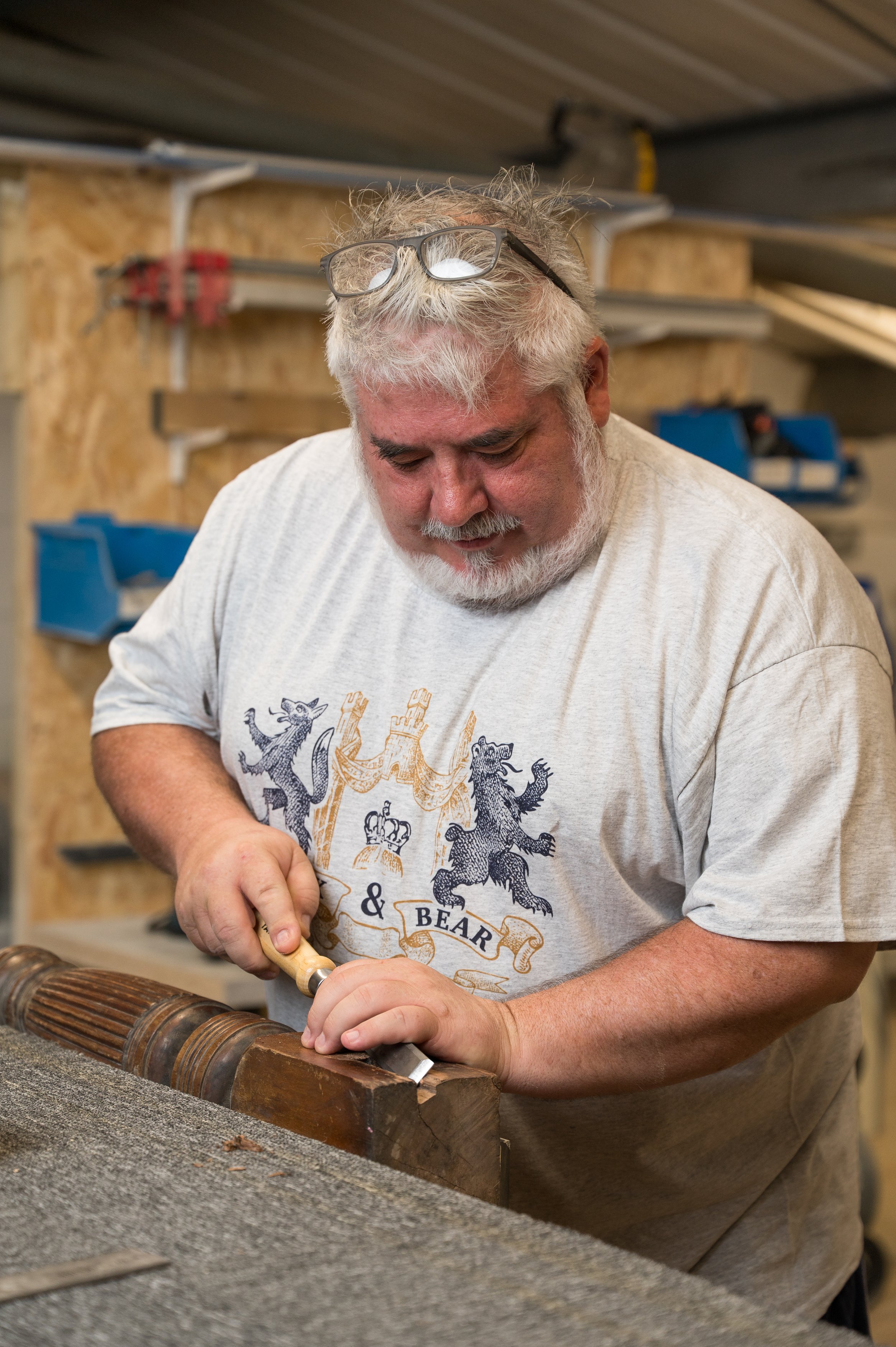 Product designer Anthony Taylor of Fox & Bear working on a bespoke furniture piece in the Fakenham workshop