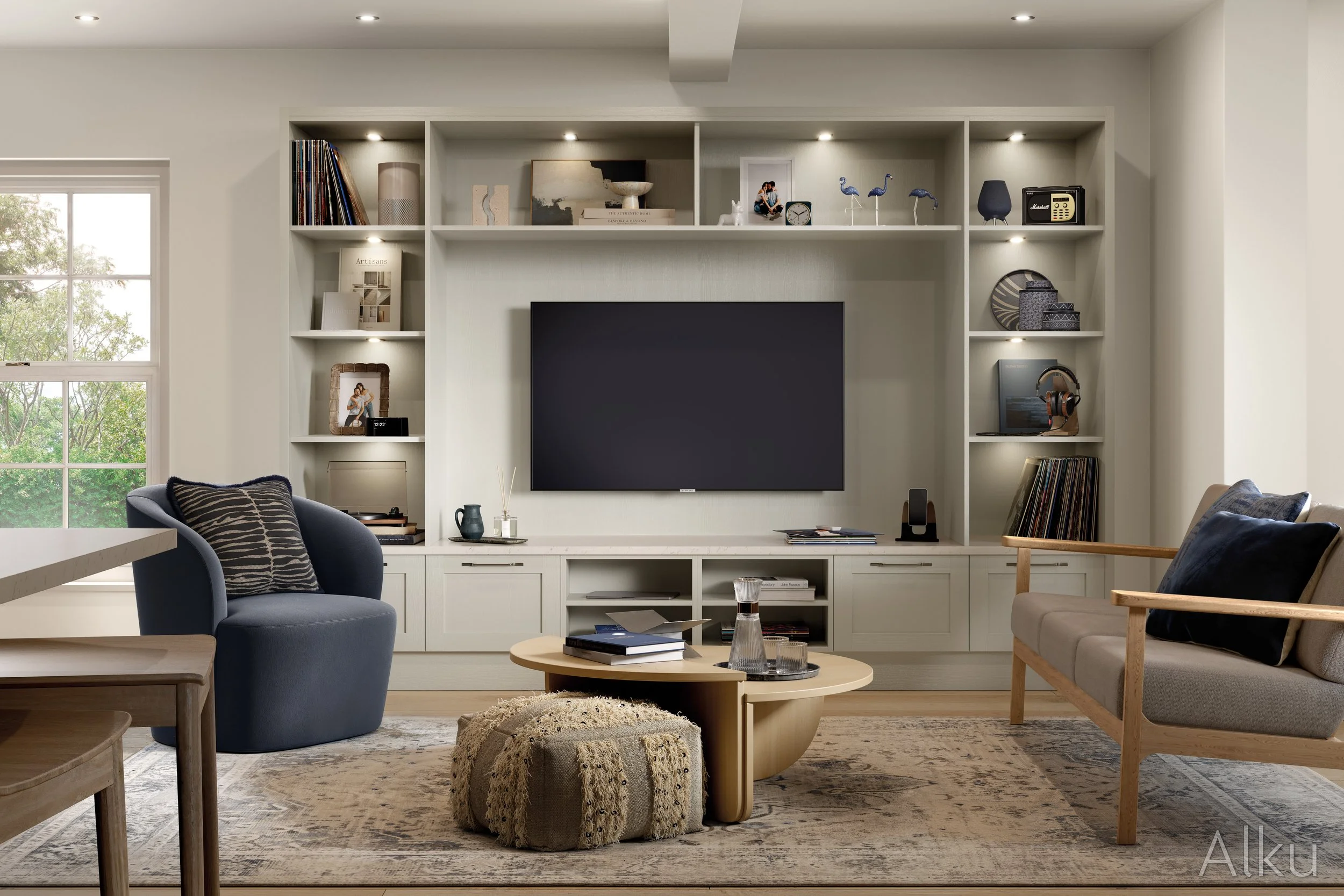 Living room with built-in wooden shelving, a large abstract painting, TV, sofas, and dining table.