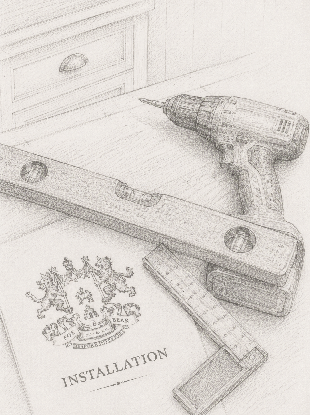 Hand drawn illustration of installation tools including a spirit level, square and drill, representing the installation stage of the Fox & Bear journey.