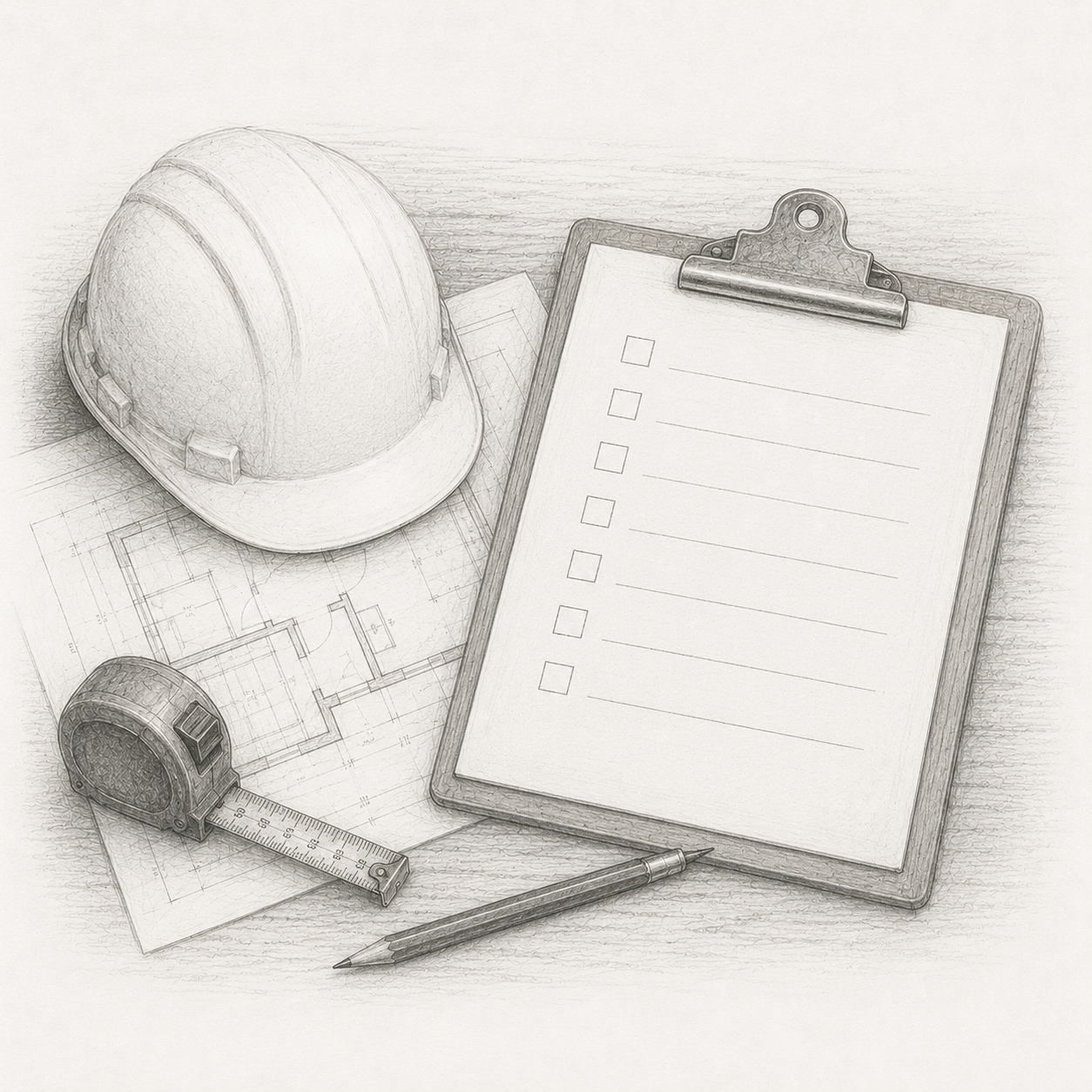 Pencil sketch showing a hard hat and checklist representing technical surveys, ordering and project preparation before installation begins.