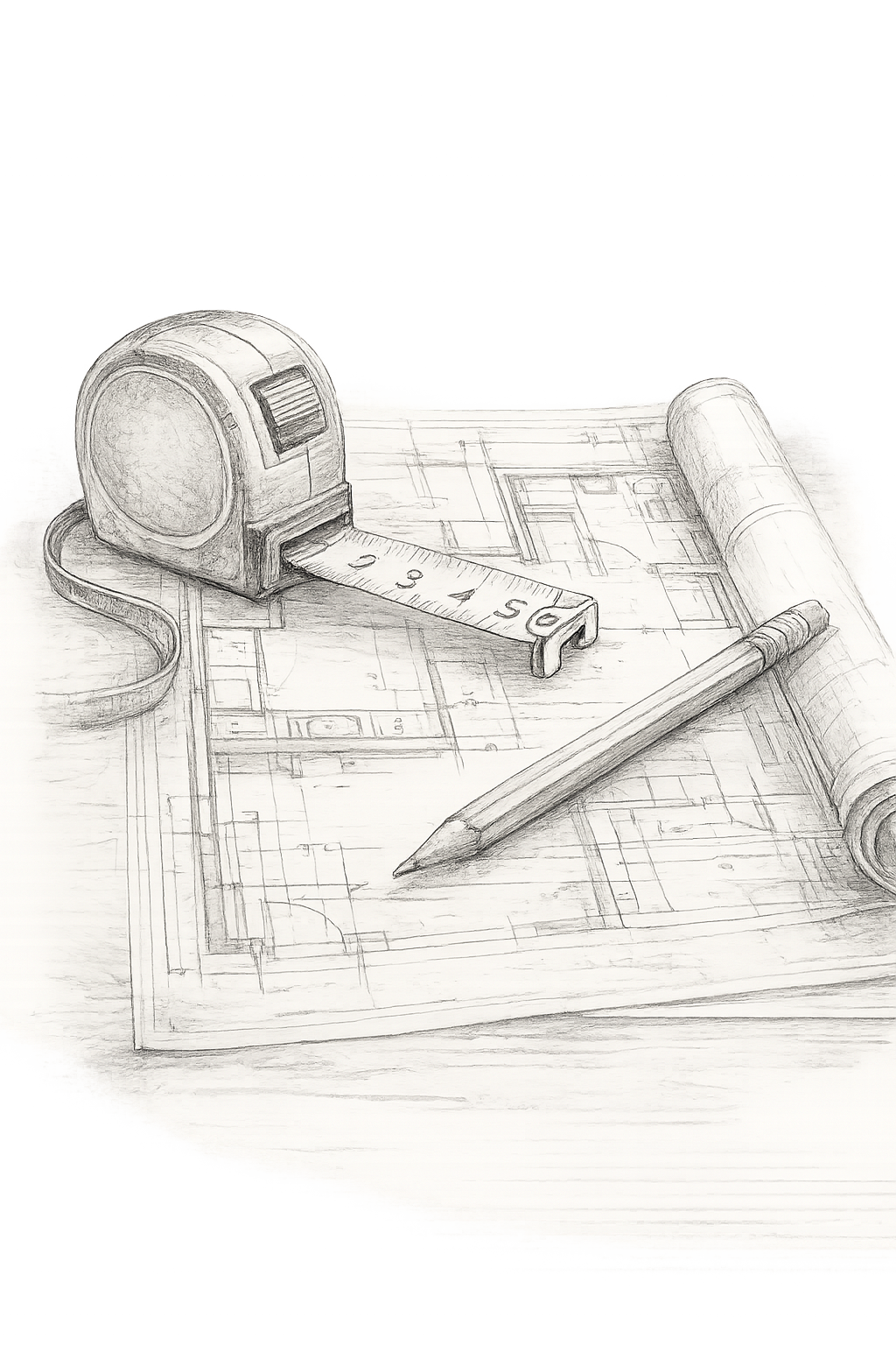 Pencil drawing of architectural plans, a tape measure and a pencil representing the survey and brief stage of the design process.