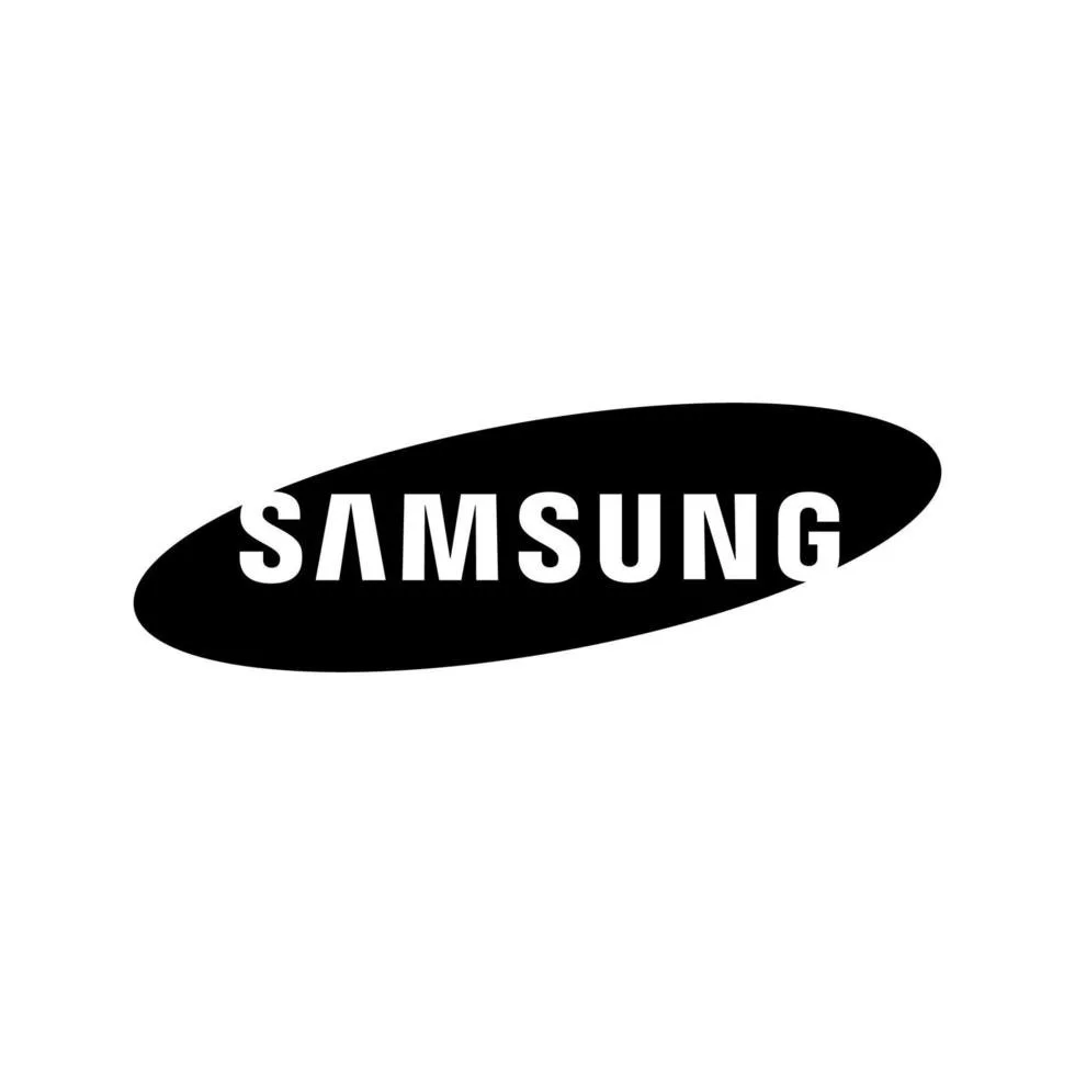 Samsung logo in black and white with bold letters inside an oval shape.
