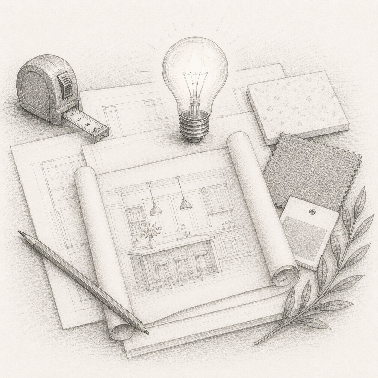 Pencil illustration featuring a light bulb, material samples and rolled drawings representing the detailed design stage, where specifications, sample boards and quotations are prepared.