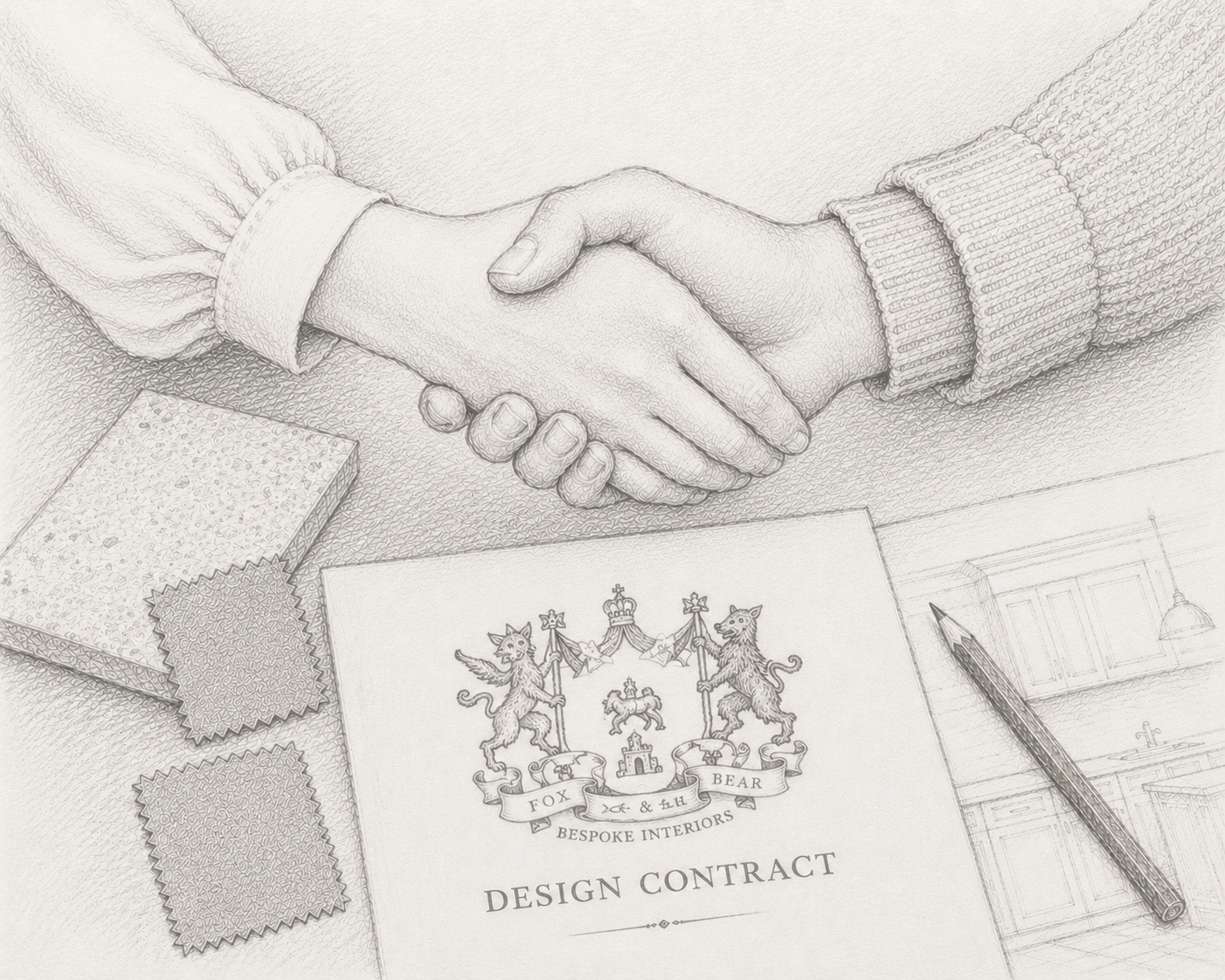 Hand drawn illustration of two people shaking hands over a design agreement, symbolising the commitment stage and the beginning of project planning.
