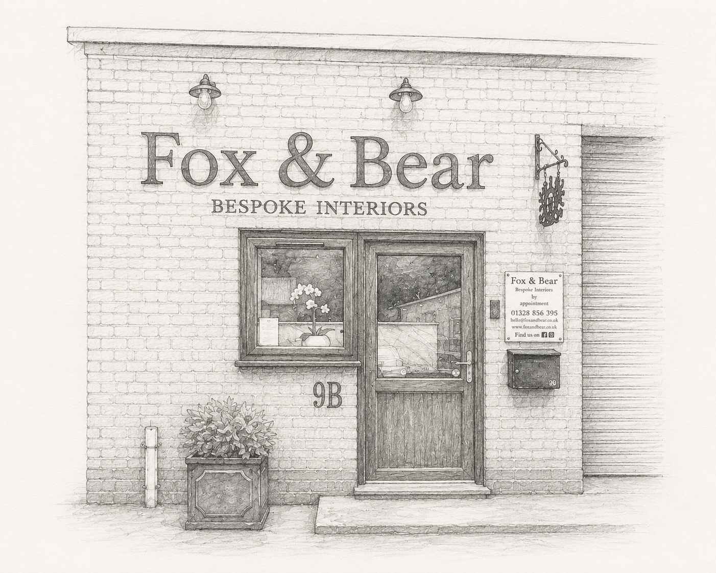 Hand drawn illustration of the Fox & Bear showroom representing the discovery stage, where clients explore the full range of products, materials and bespoke possibilities available.