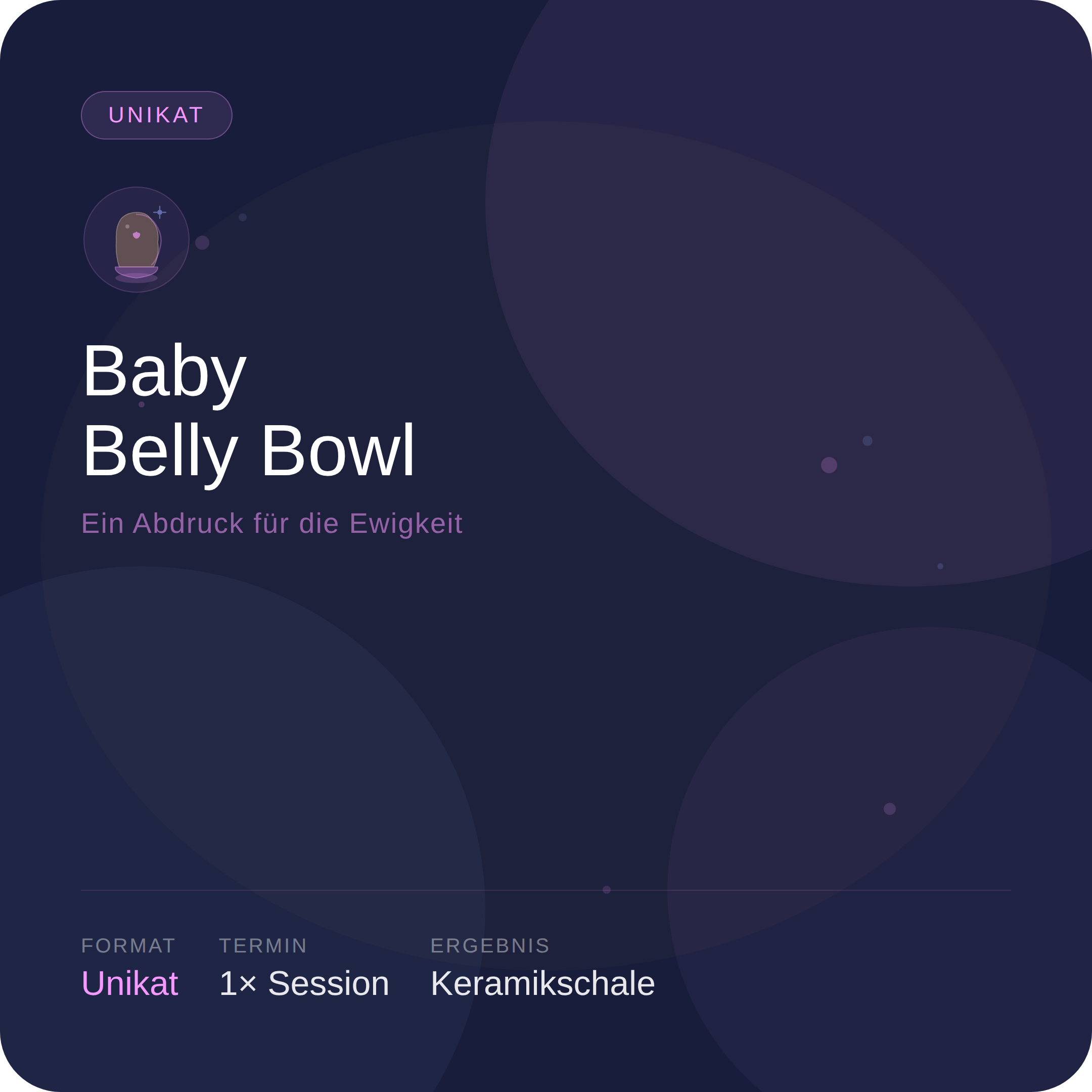 Digitales Diagramm mit dunklem Hintergrund. Text auf dem Bildschirm: 'Baby Belly Bowls', 'Ein Abdruck für die Ewigkeit'. Es gibt künstlerische, minimalistische Illustrationen einer Keramikschale mit Baby- und Bauchmotiven, der Betrachter sieht eine moderne, ästhetische Gestaltung.