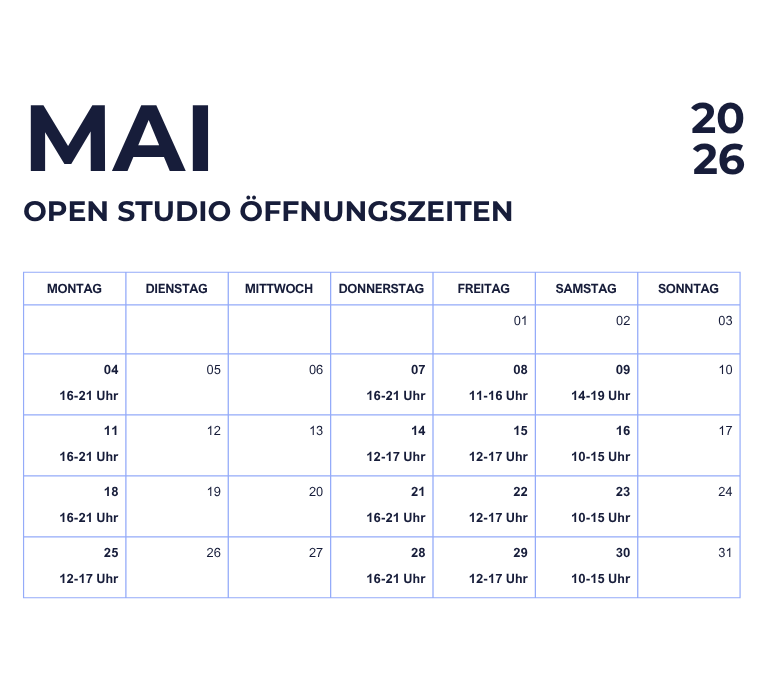 Kalenderübersicht für Mai 2026 mit Öffnungszeiten des Open Studios, angezeigt in deutscher Sprache.