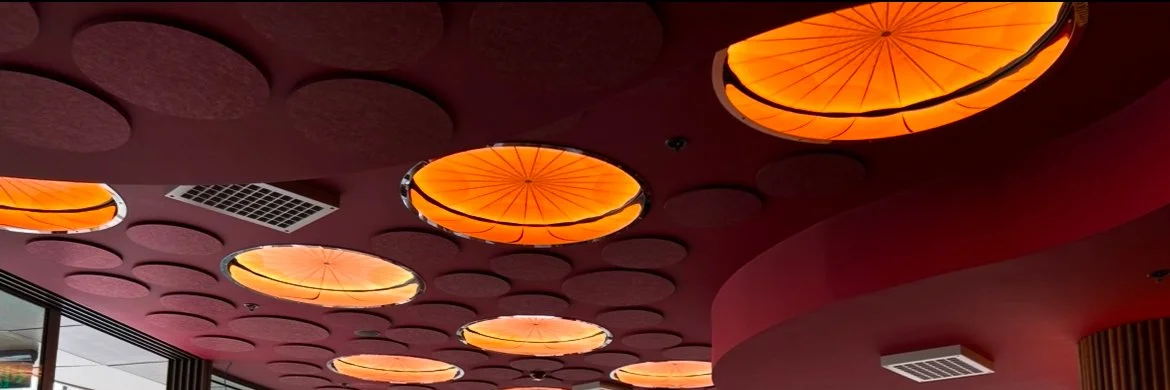 Restaurant Printed Graphic Round Circle Shape Custom Bespoke LED Lighting Stretch Diffuser Ceiling