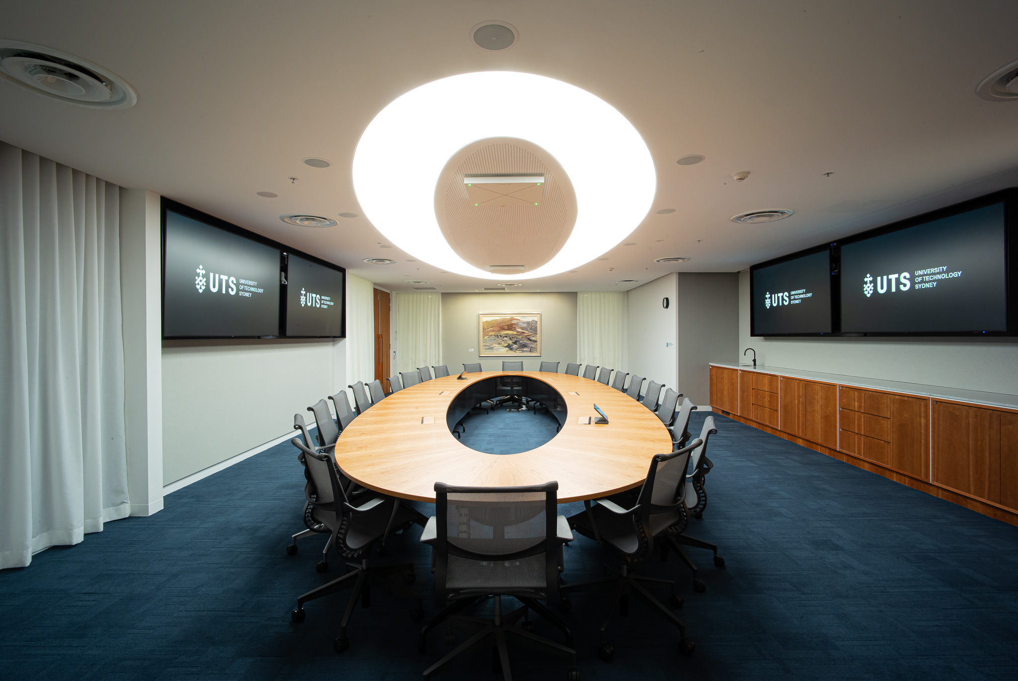 Commercial Boardroom Large Double Oval Shape Custom Bespoke LED Lighting Stretch Diffuser Ceiling
