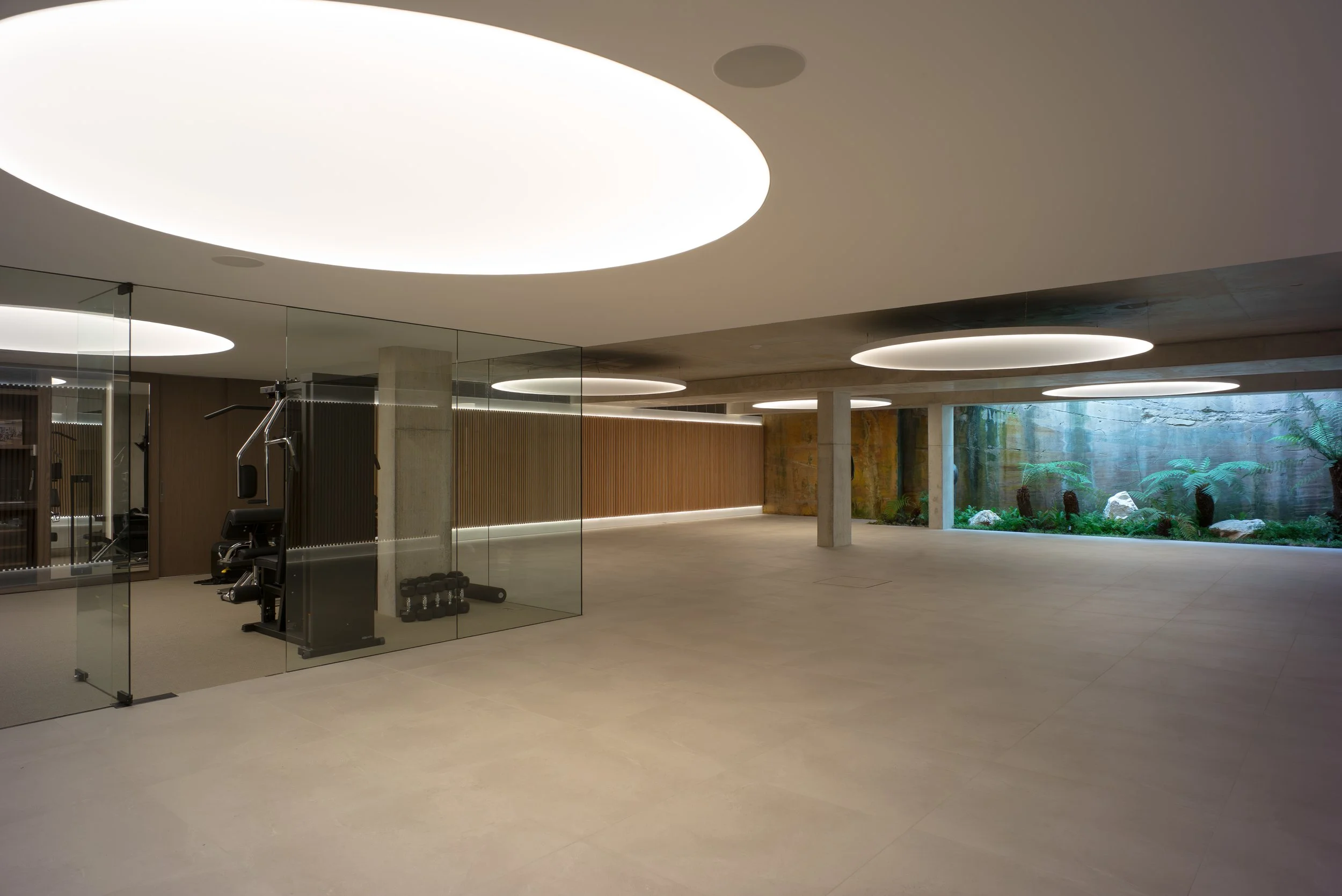 Gym Room Large Round Circle Shape Custom Bespoke LED Lighting Stretch Diffuser Ceiling