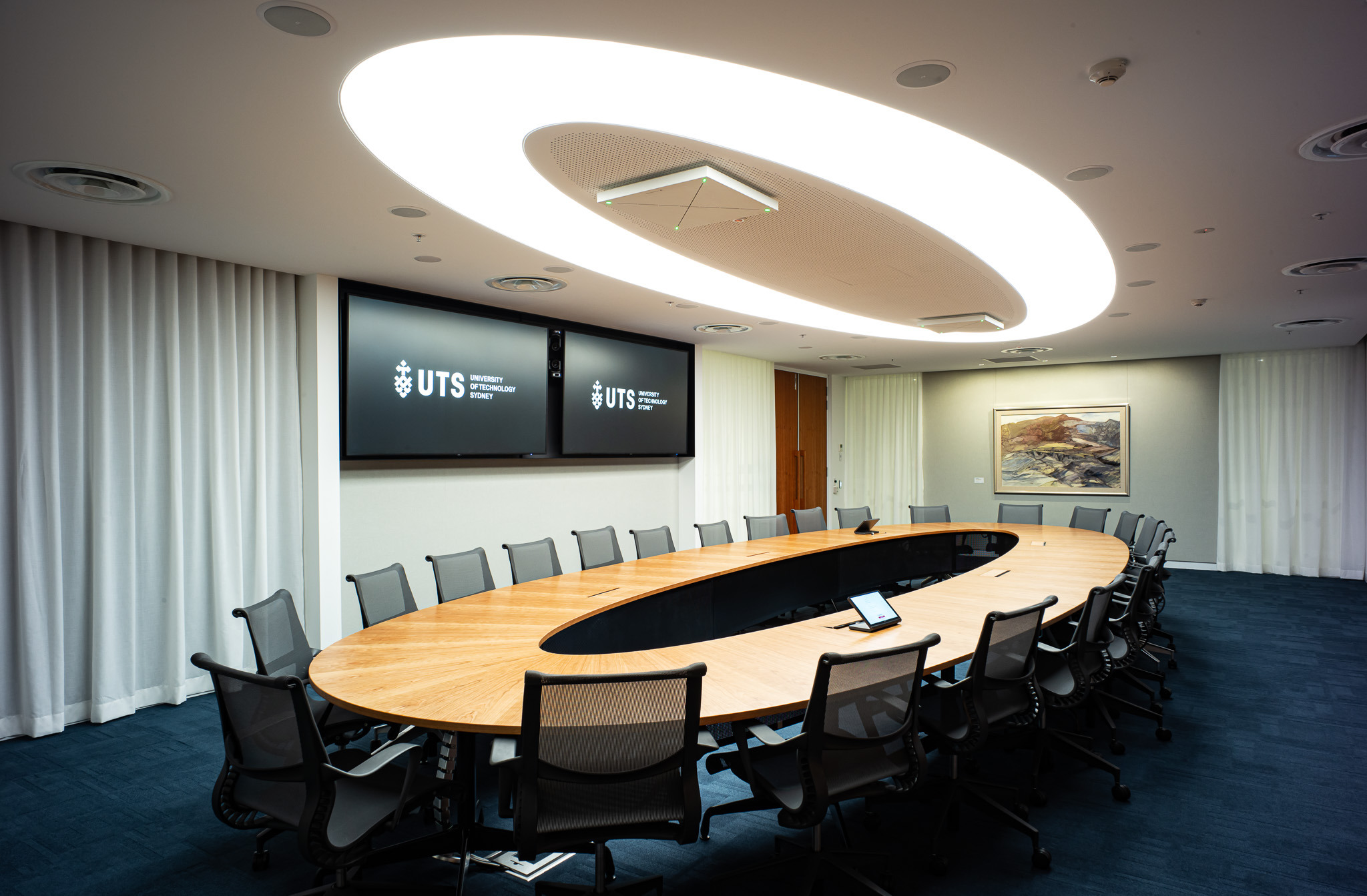 Commercial Boardroom Large Double Oval Shape Custom Bespoke LED Lighting Stretch Diffuser Ceiling