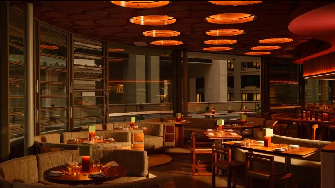 Restaurant Printed Graphic Round Circle Shape Custom Bespoke LED Lighting Stretch Diffuser Ceiling