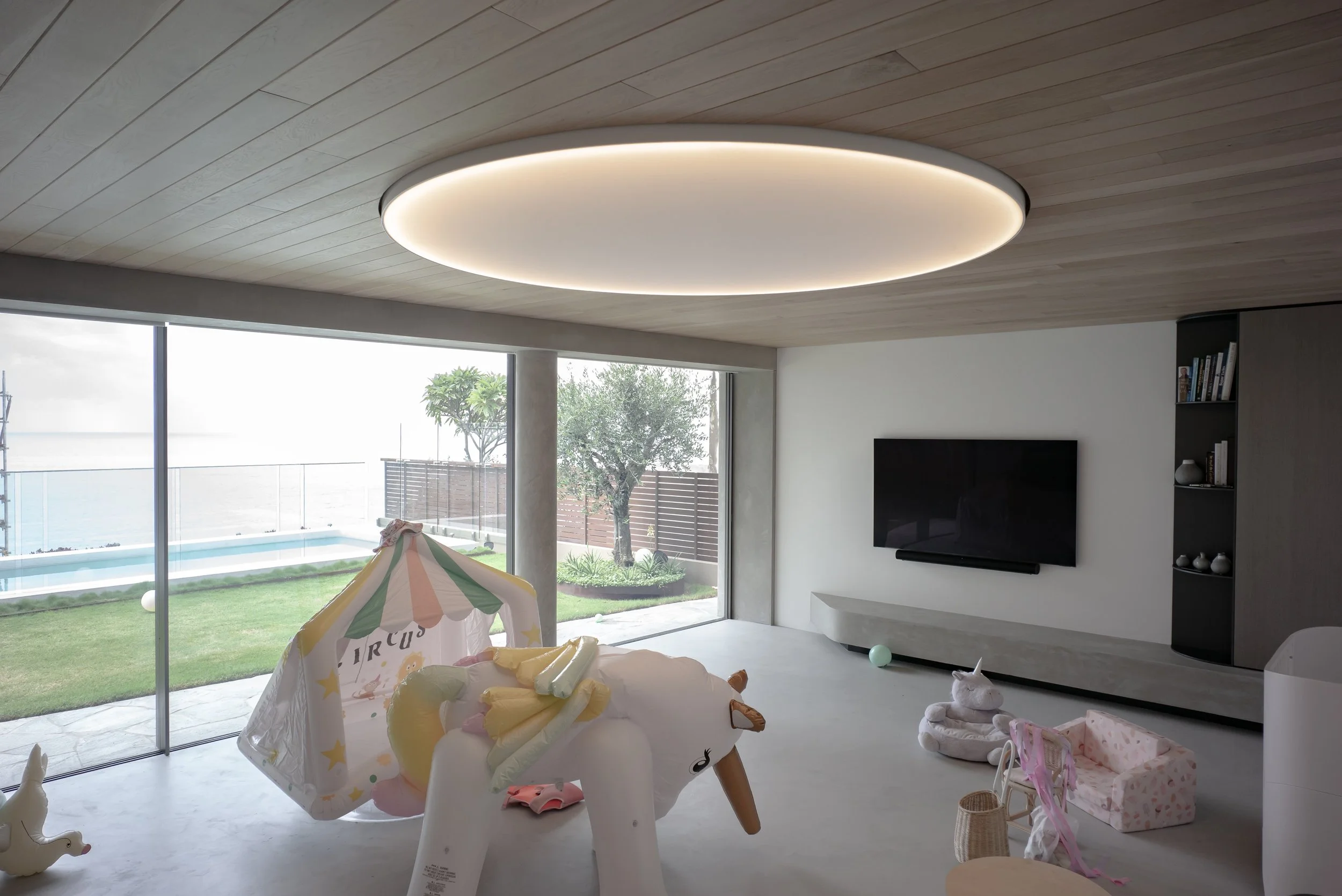 Family Room Large Round Circle Shape Custom Bespoke LED Lighting Stretch Diffuser Ceiling