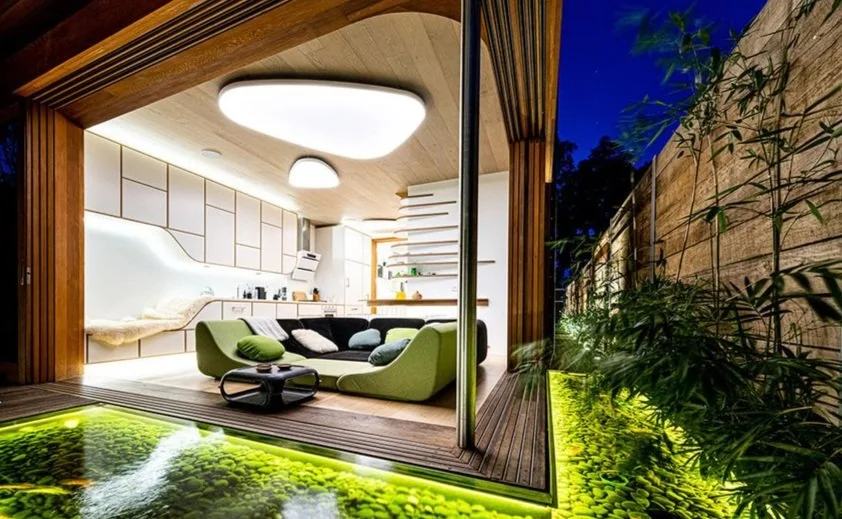 Family Room Large Triangular Shape Custom Bespoke LED Lighting Stretch Diffuser Ceiling