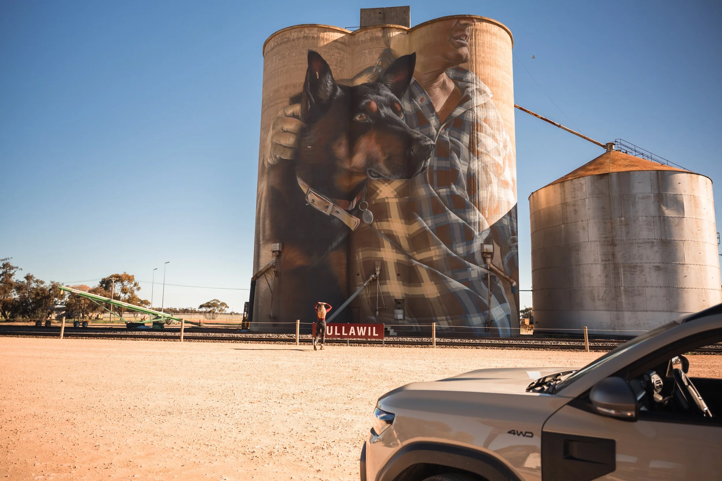 Nullawil Silo Art in Victoria featuring a large mural of a local farmer with his kelpie, photographed during a road trip through the Wimmera Mallee.