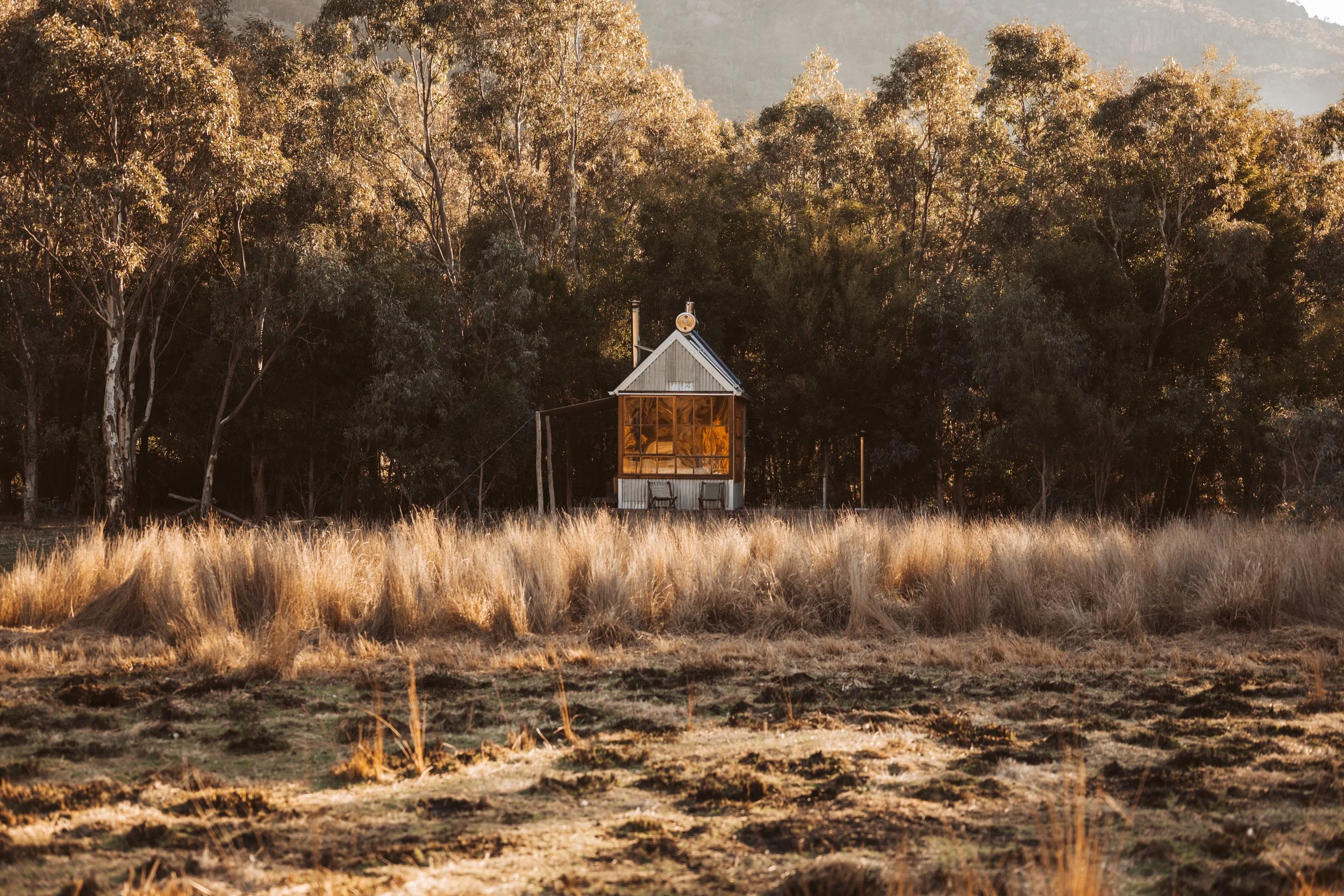 Handcrafted timber tiny hut surrounded by native bushland and golden grass in Halls Gap, Grampians, Victoria.