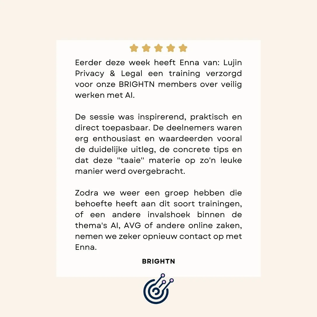 Bij Lujin Privacy &amp; Legal staat klanttevredenheid voorop.✨
Altijd fijn om terug te horen dat onze trainingen inspirerend, praktisch en direct toepasbaar worden ervaren. 💡

Dank aan BRIGHTN voor deze mooie woorden en het vertrouwen. 🙌

#privacy 