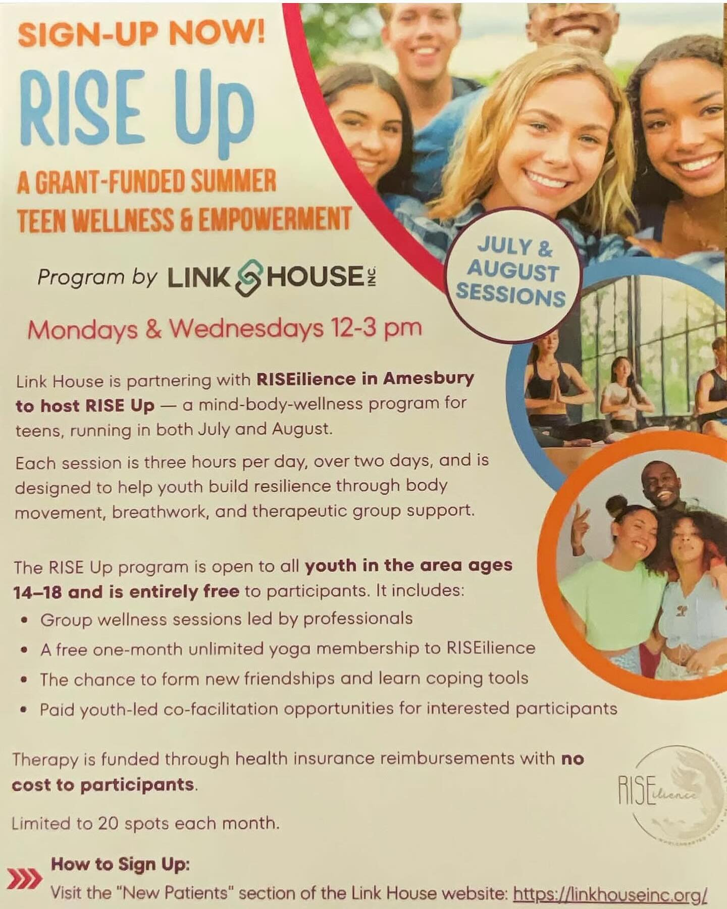 ✨ RISEilience x Link House Inc ✨
This summer, we&rsquo;re teaming up to support TEENS on their wellness journey &mdash; mind, body &amp; spirit.

🌞 FREE Mind-Body Wellness Program
For July &amp; August in Amesbury
✔️ Includes 1 Month of Unlimited Yo