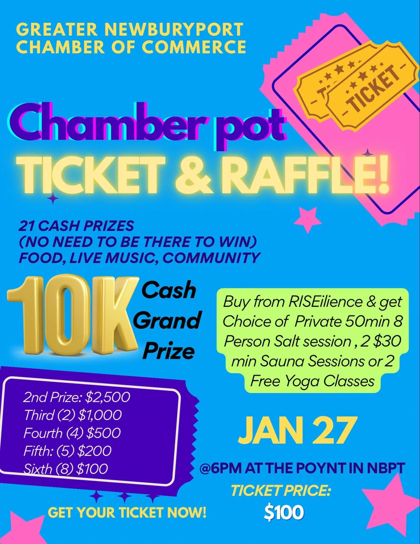 Buy your annual Chamber Pot ticket at RISEilience and get a free add on that is valued at $50-$200. Venmo, cash, &amp; check accepted. Credit card accepted with transaction fee. Krystle@riseilience.org 

Drew and I will definitely be there dancing th