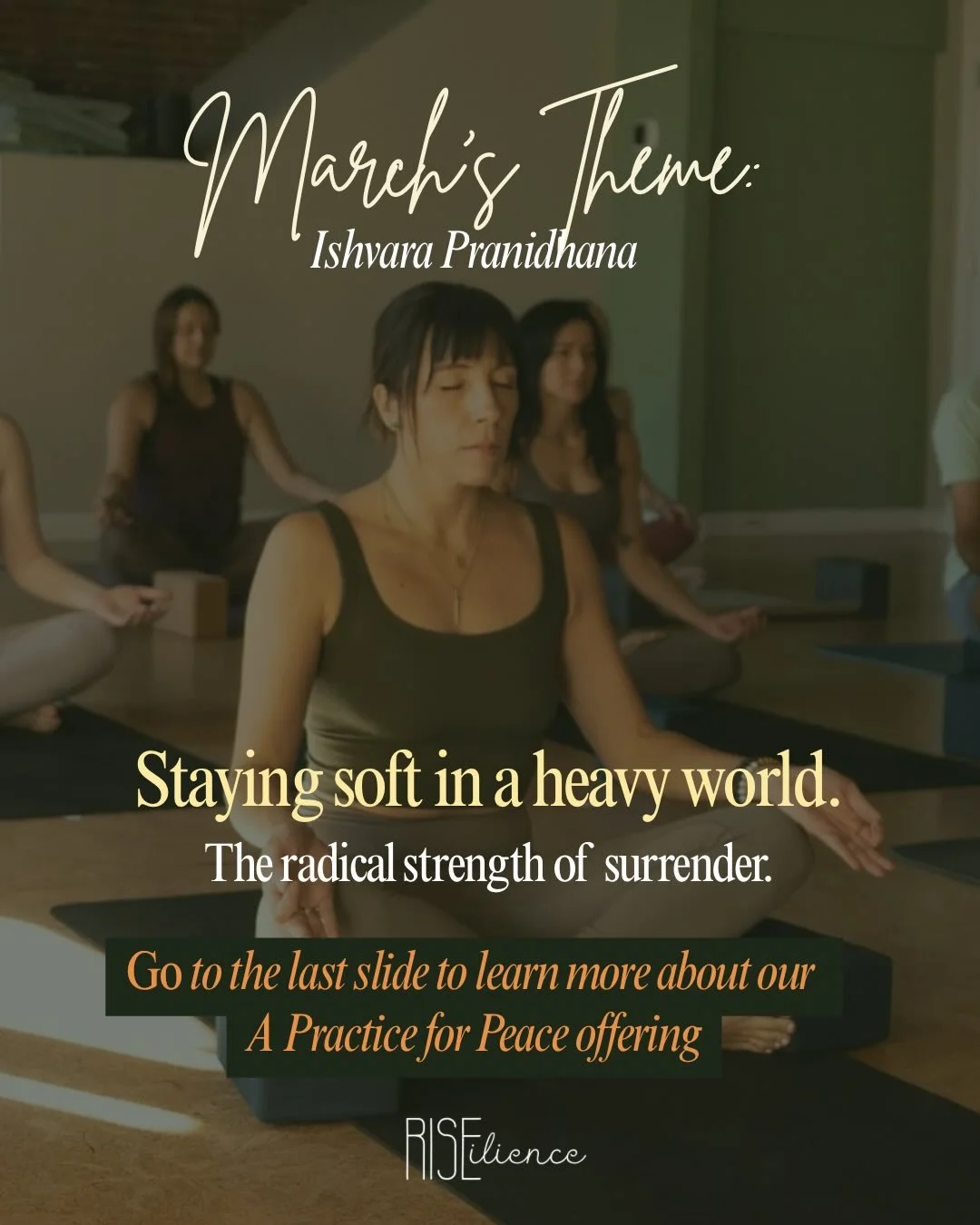 The world is so heavy. We are here to support you and the community the best we can.
We invite you to join us on Friday, March 13 @ 5:30 pm to join us in a Practice for Peace offering. We will embody this month&rsquo;s theme of surrendering (Ishvara 