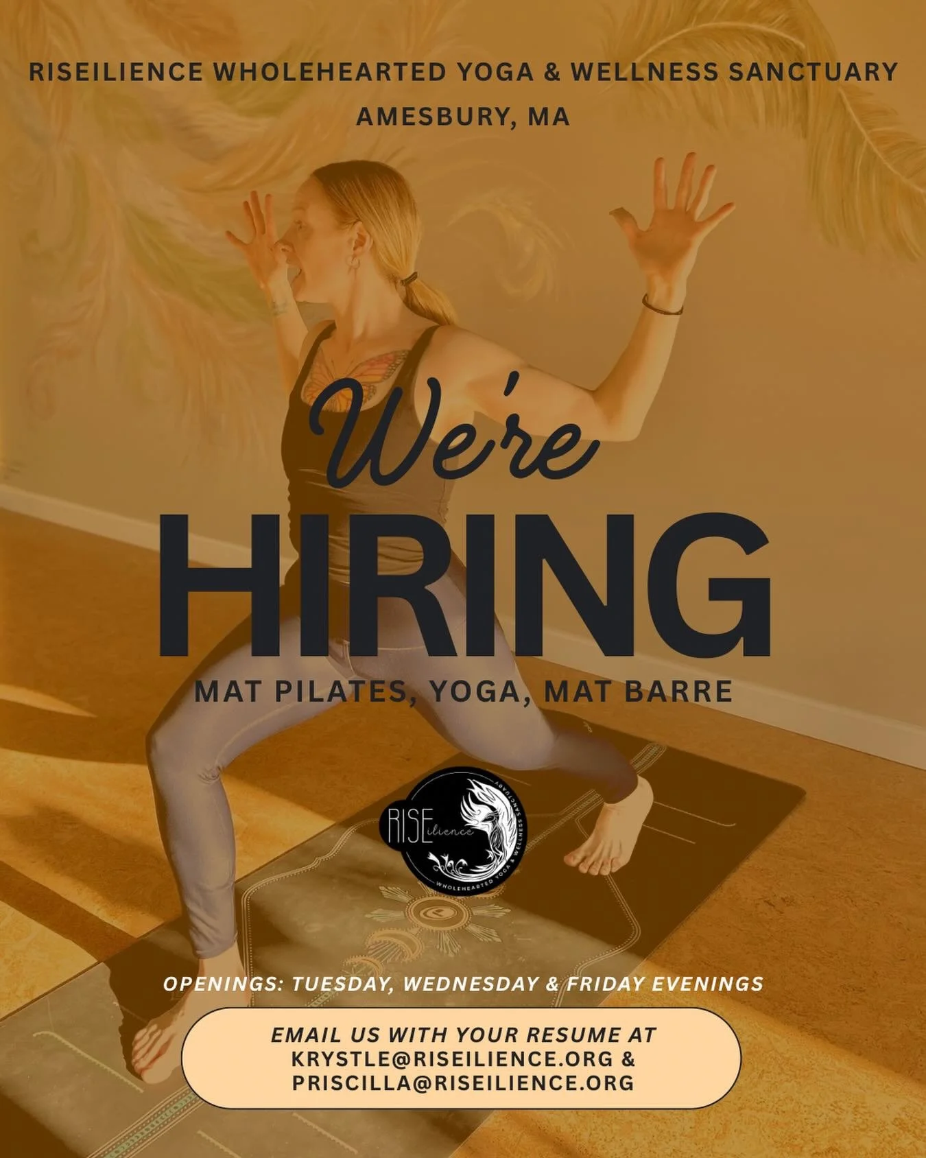 Join our team at RISEilience in Amesbury!

Are you a Yoga, Mat Pilates, or Mat Barre instructor looking for evening classes? RISEilience is expanding our team for Tuesday, Wednesday, and Friday shifts.

Apply today: Email your resume to Krystle@risei