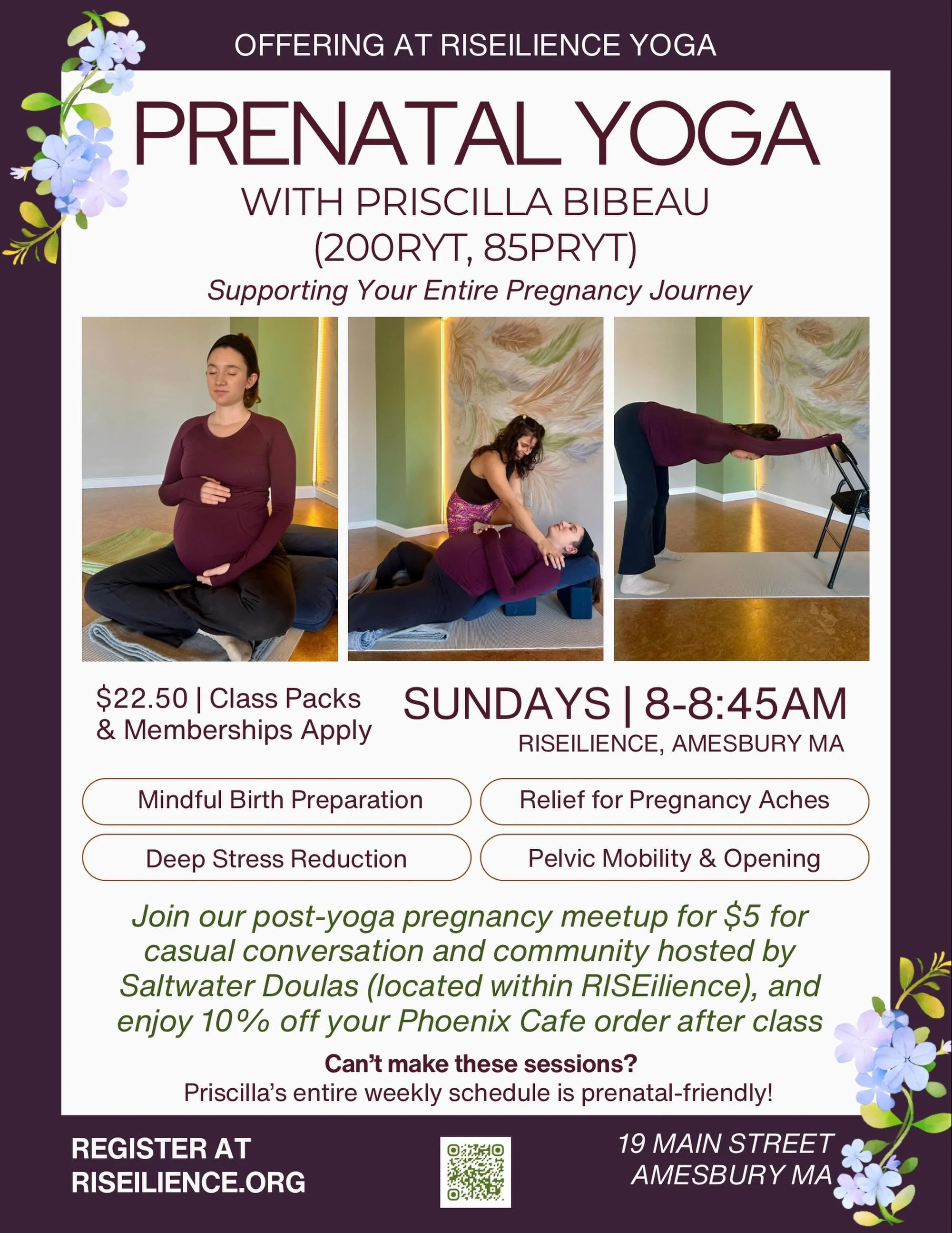 We are very excited to share that we are now offering a weekly Prenatal Yoga class on Sundays from 8:00 to 8:45 AM, led by certified instructor Priscilla Bibeau. 

This class is designed to be a true sanctuary for anyone in the perinatal process, pro