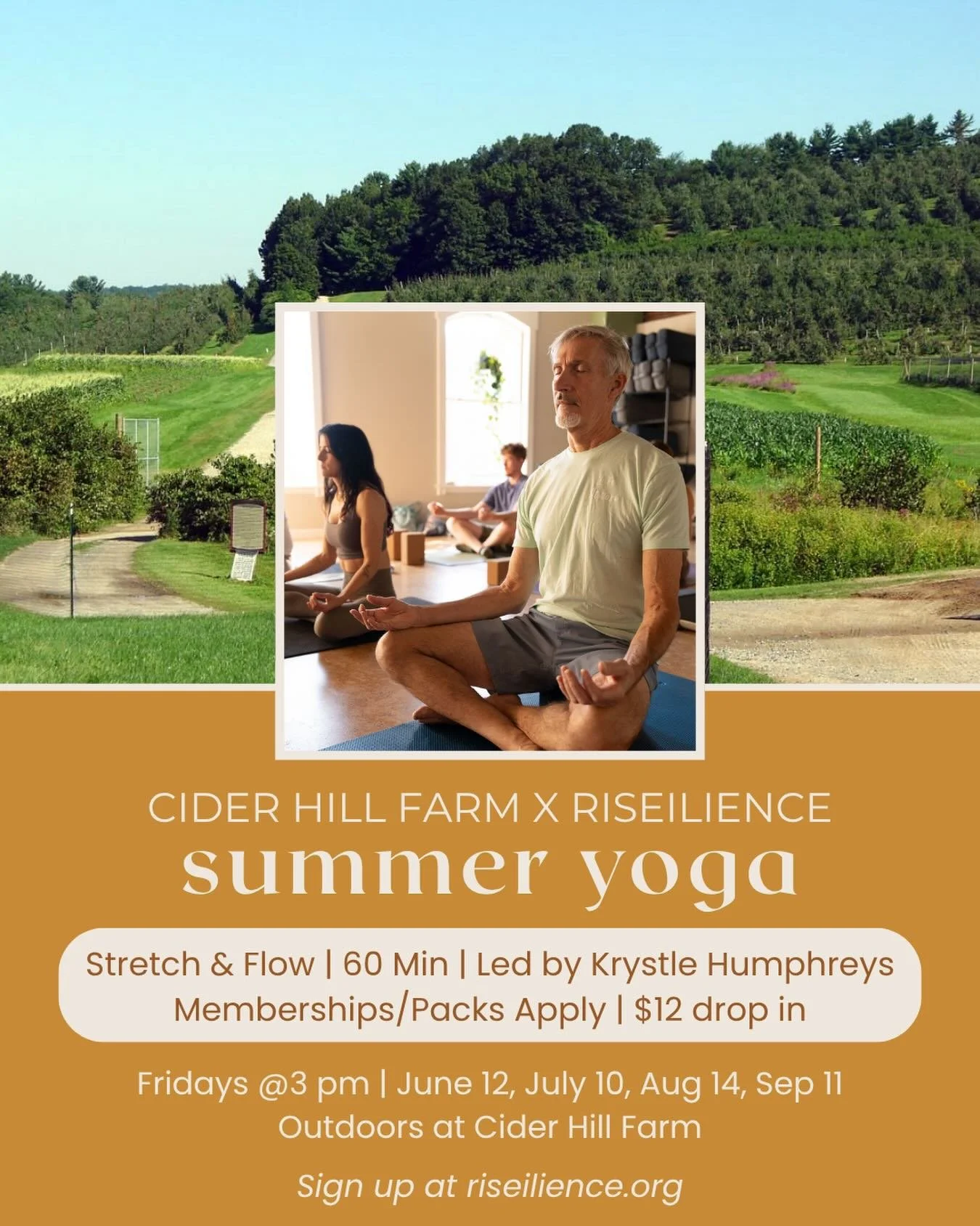 Summer Fridays at Cider Hill Farm! Join Krystle the second Friday of the month at 3 pm at Cider Hill Farm for a Stretch &amp; Flow class. RISEilience class packs &amp; memberships apply, $10 drop-in. Sign up on our website. Bask in the sun with us! 
