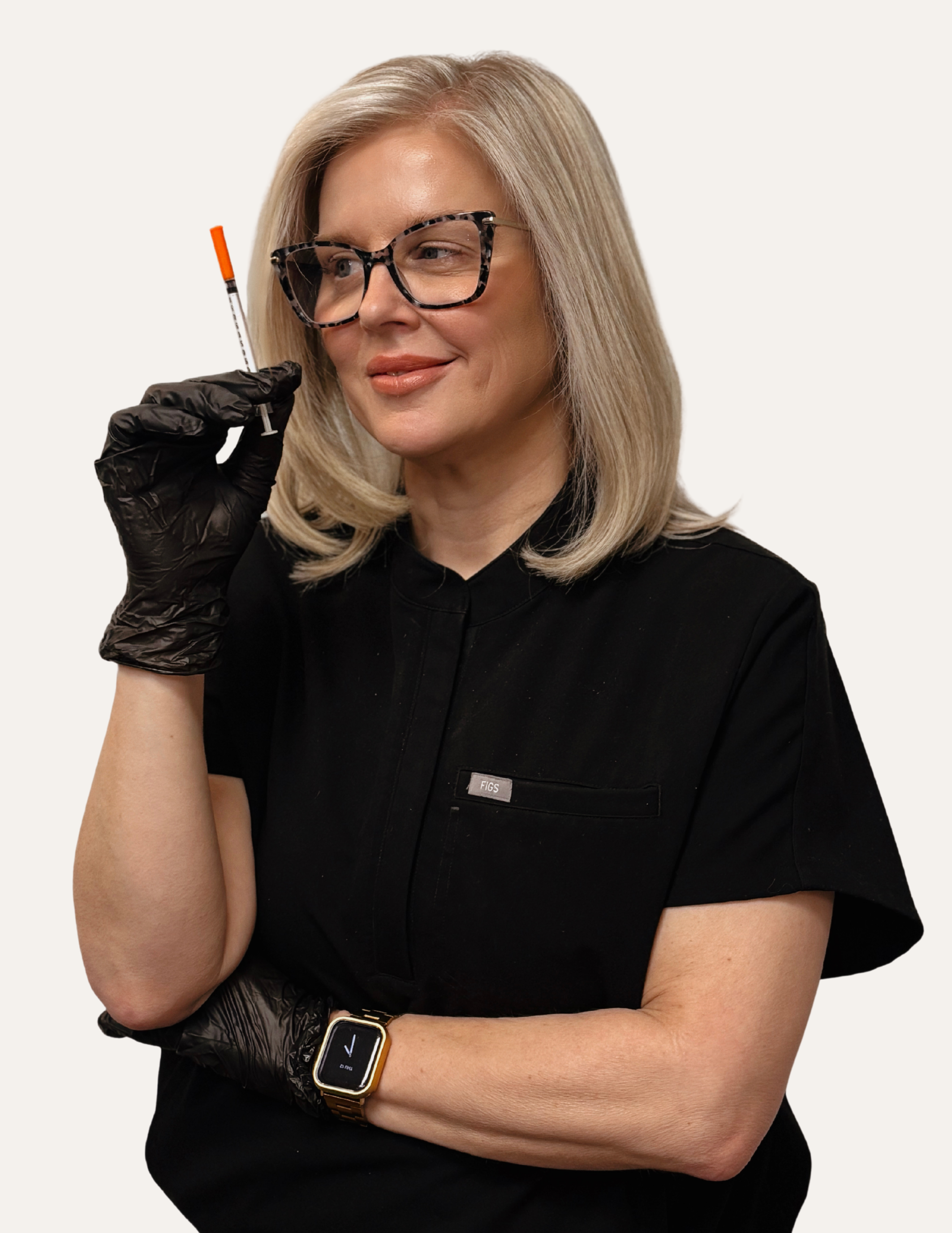A woman with long blonde hair wearing large, patterned glasses and a black top.