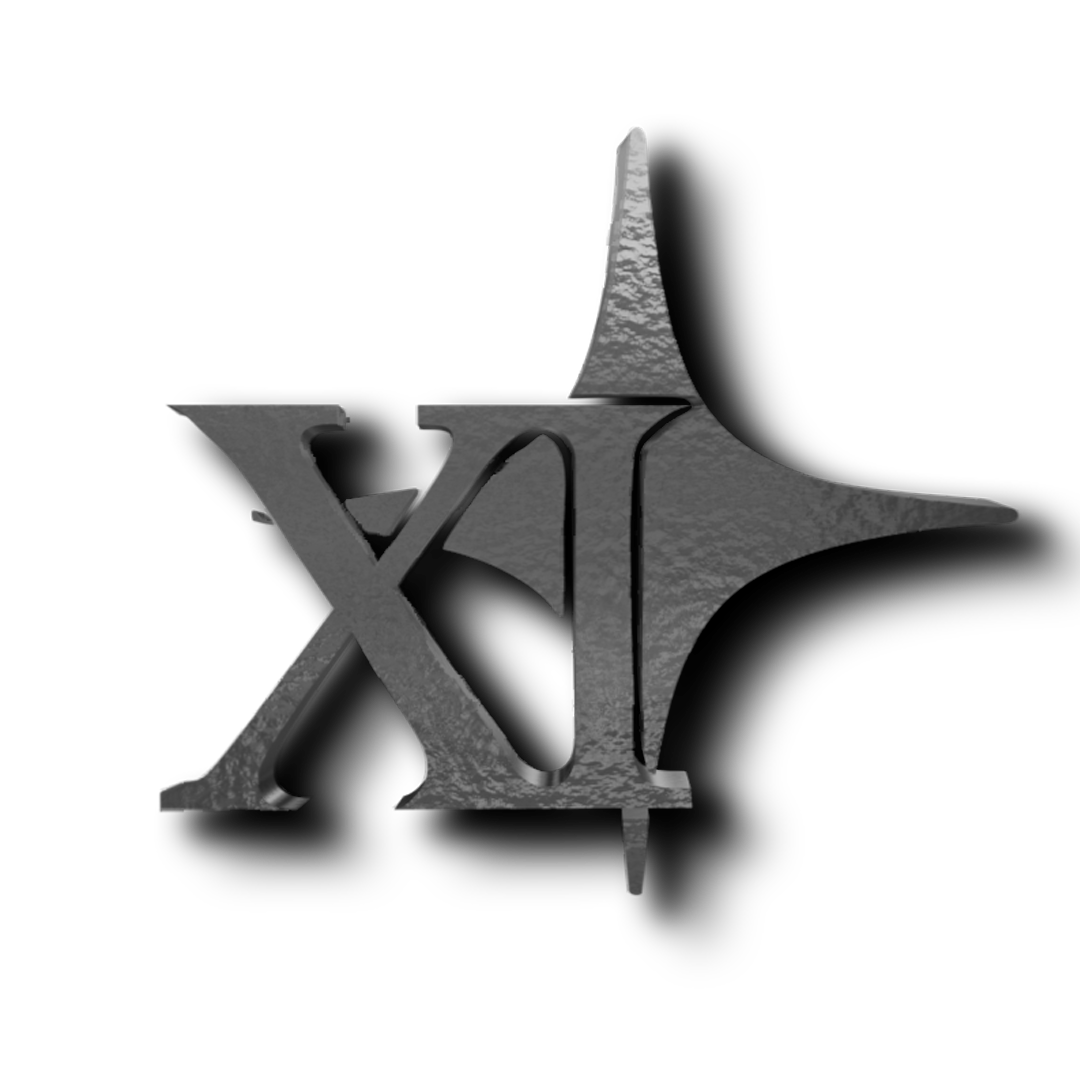 A metallic emblem featuring stylized letters 'X' and 'I' with a star shape to the right, set against a black background.